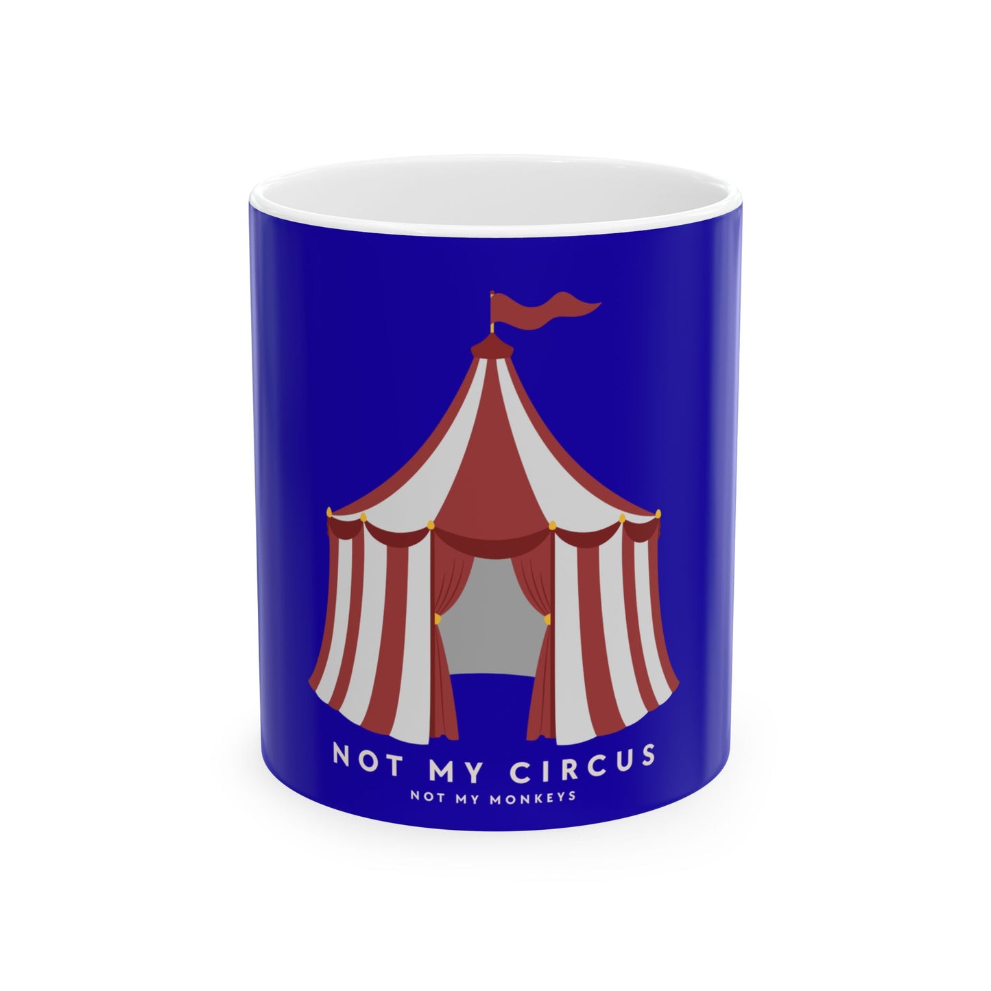 Mug with a circus tent design and text on a blue background