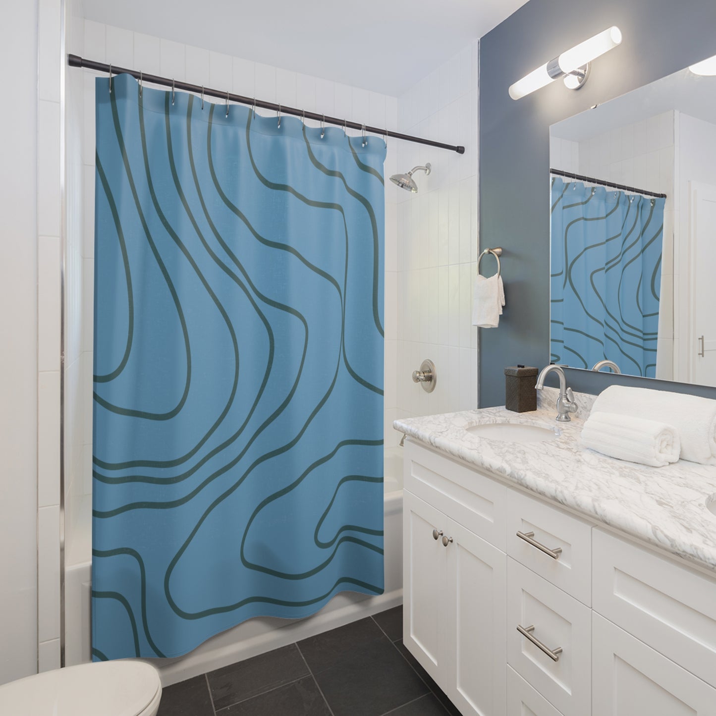 Azure Blue Abstract Wave Shower Curtain, Dark Bathroom Decor