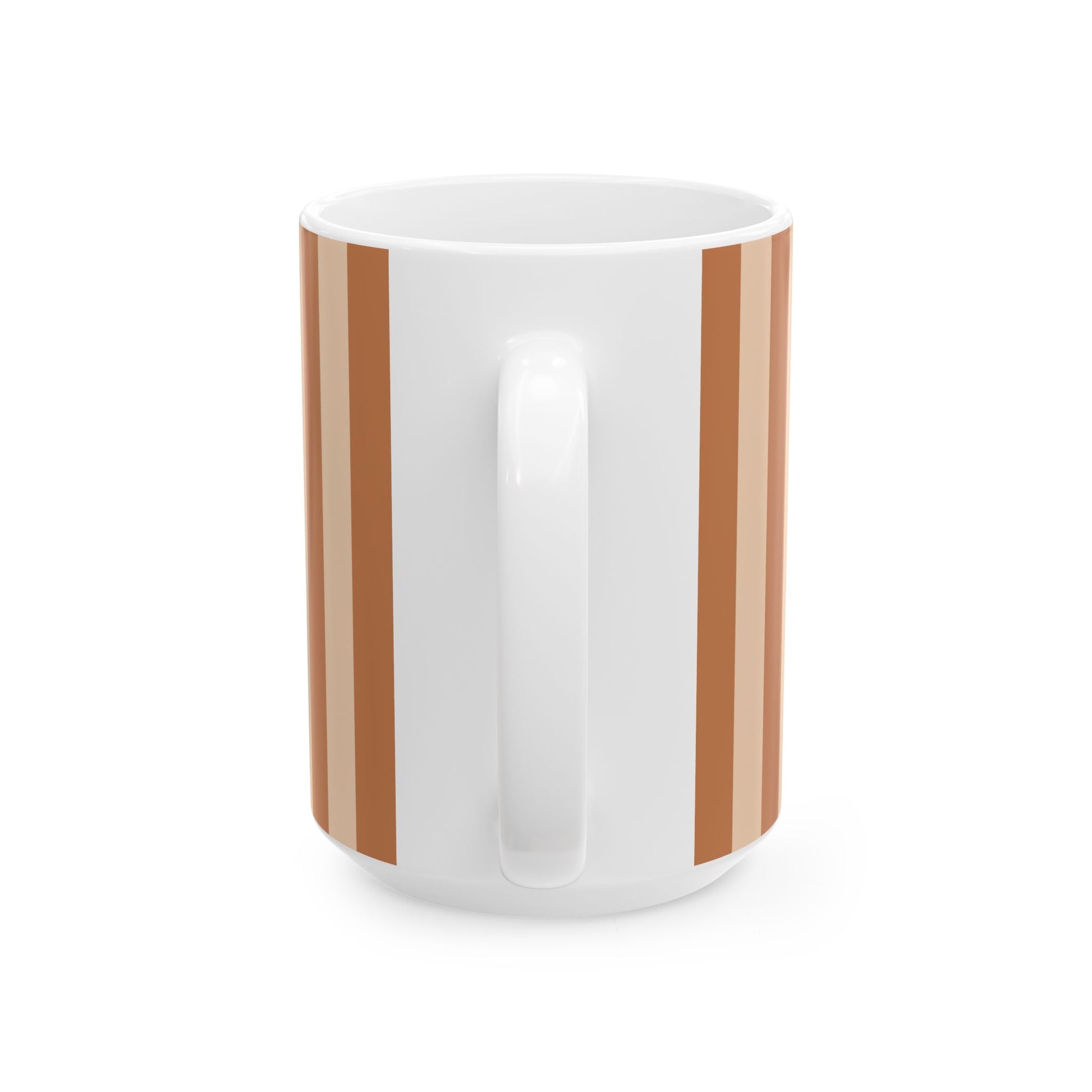 A white ceramic mug with a vertical striped pattern in shades of terracotta, brown, and beige, shown against a plain white background.