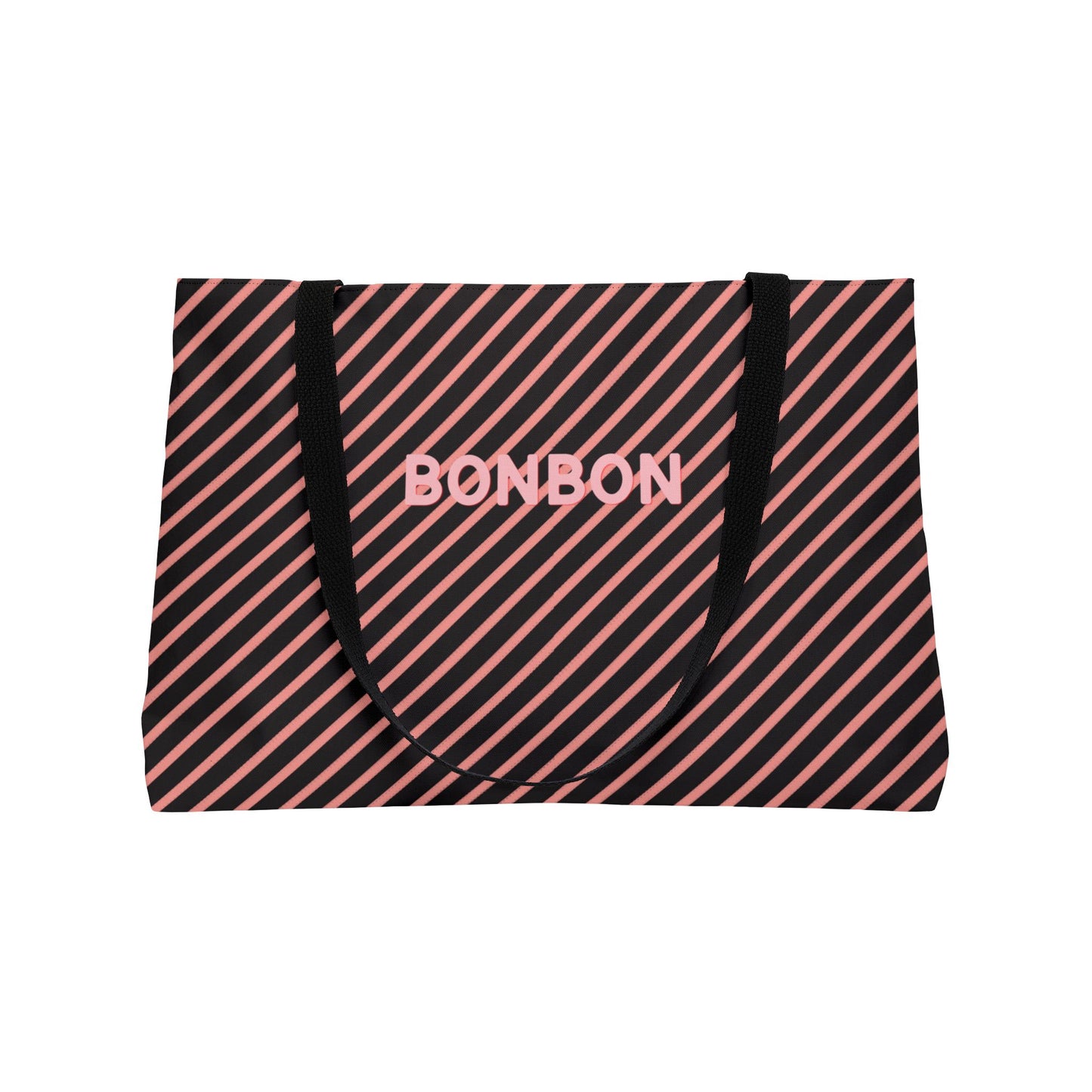 Tote bag with pink diagonal stripes and 'BONBON' branding on a white background