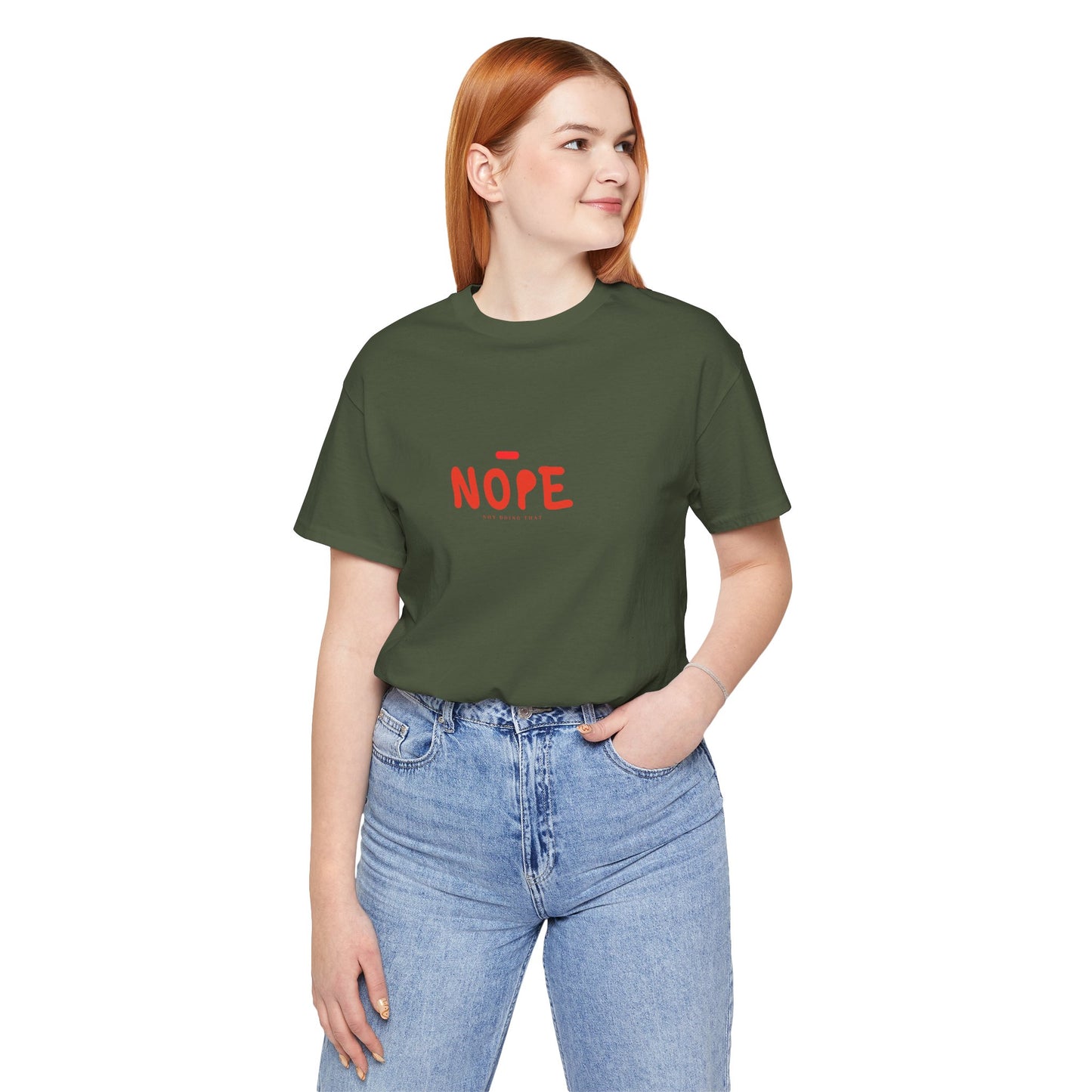 Person wearing a green t-shirt with 'NOPE' in red text on a white background