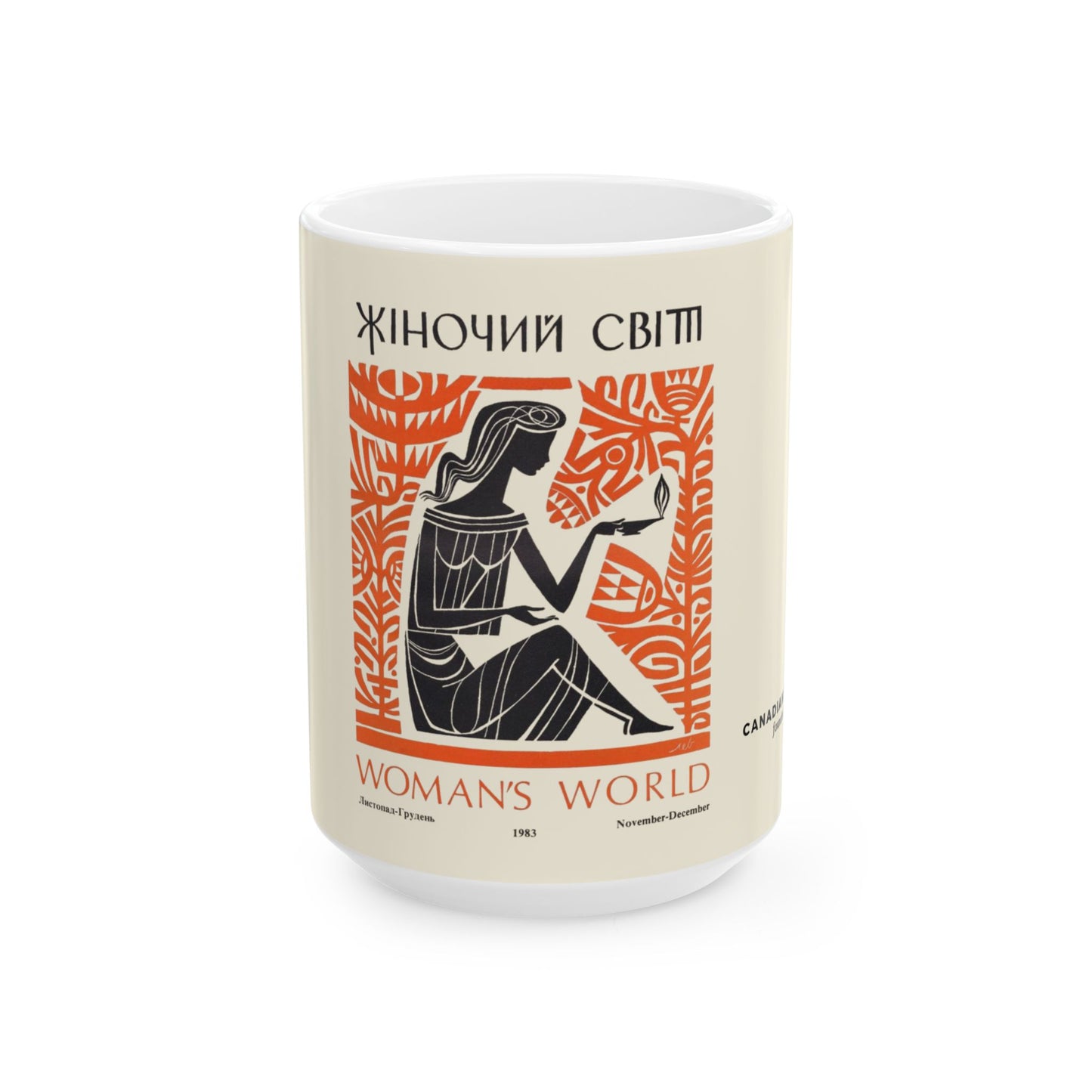 Ceramic mug with a design of a woman and text on a white background