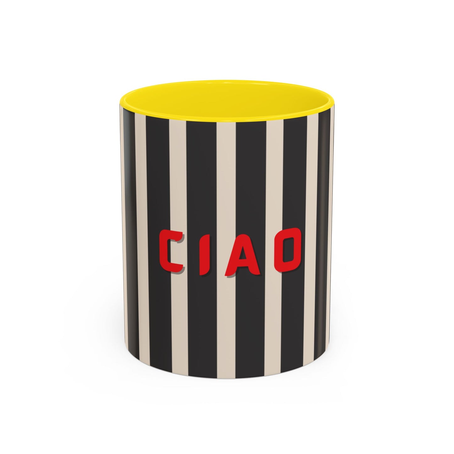 Mug with black and white stripes and a yellow lid, featuring the word 'CIAO' in red.