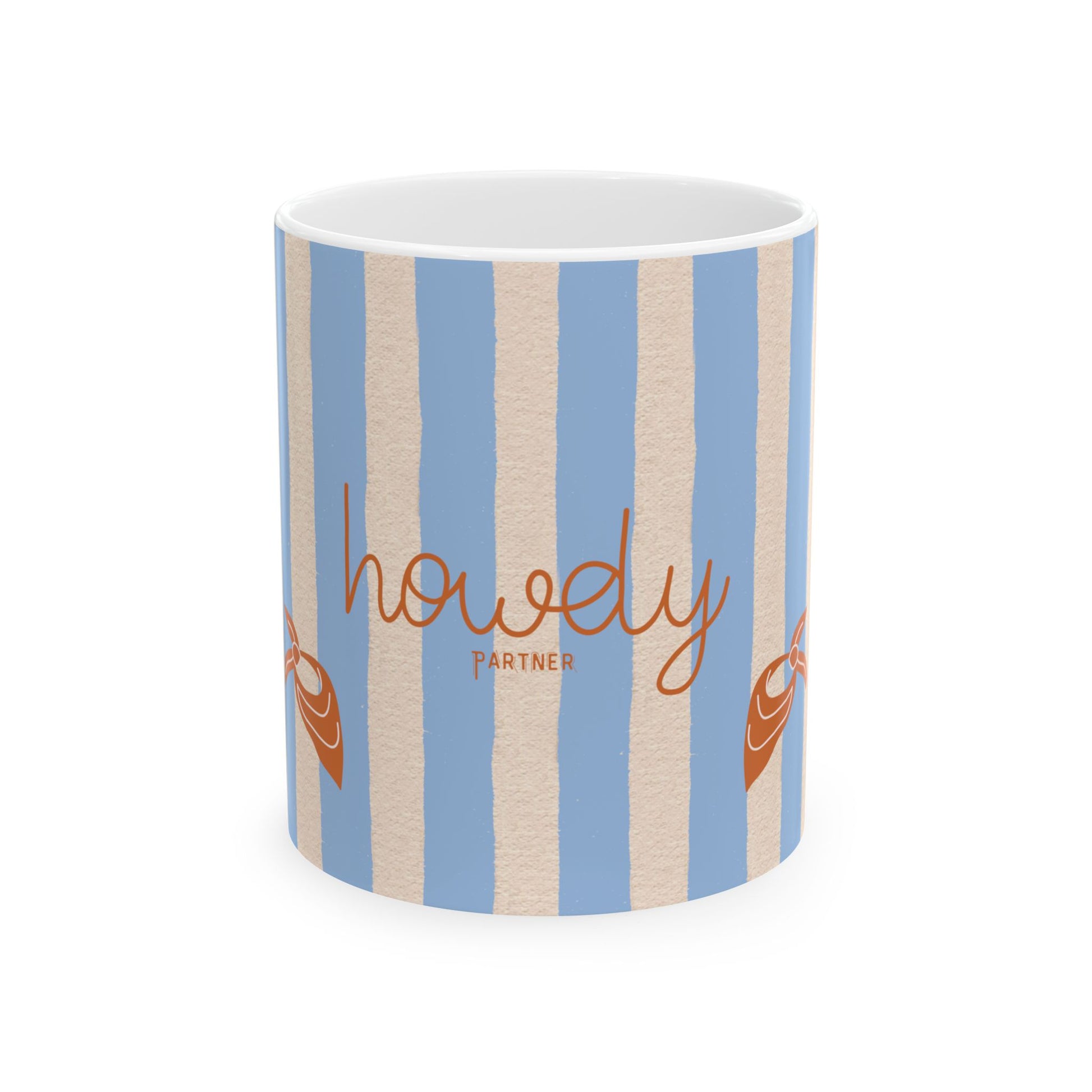 Mug with blue and beige striped pattern and 'howdy partner' text on a white background