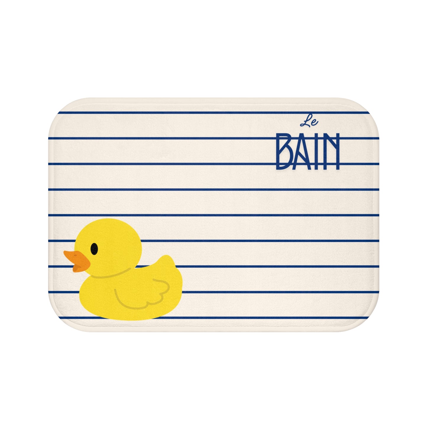Rectangular bath mat with blue stripes and a yellow rubber duck on a white background