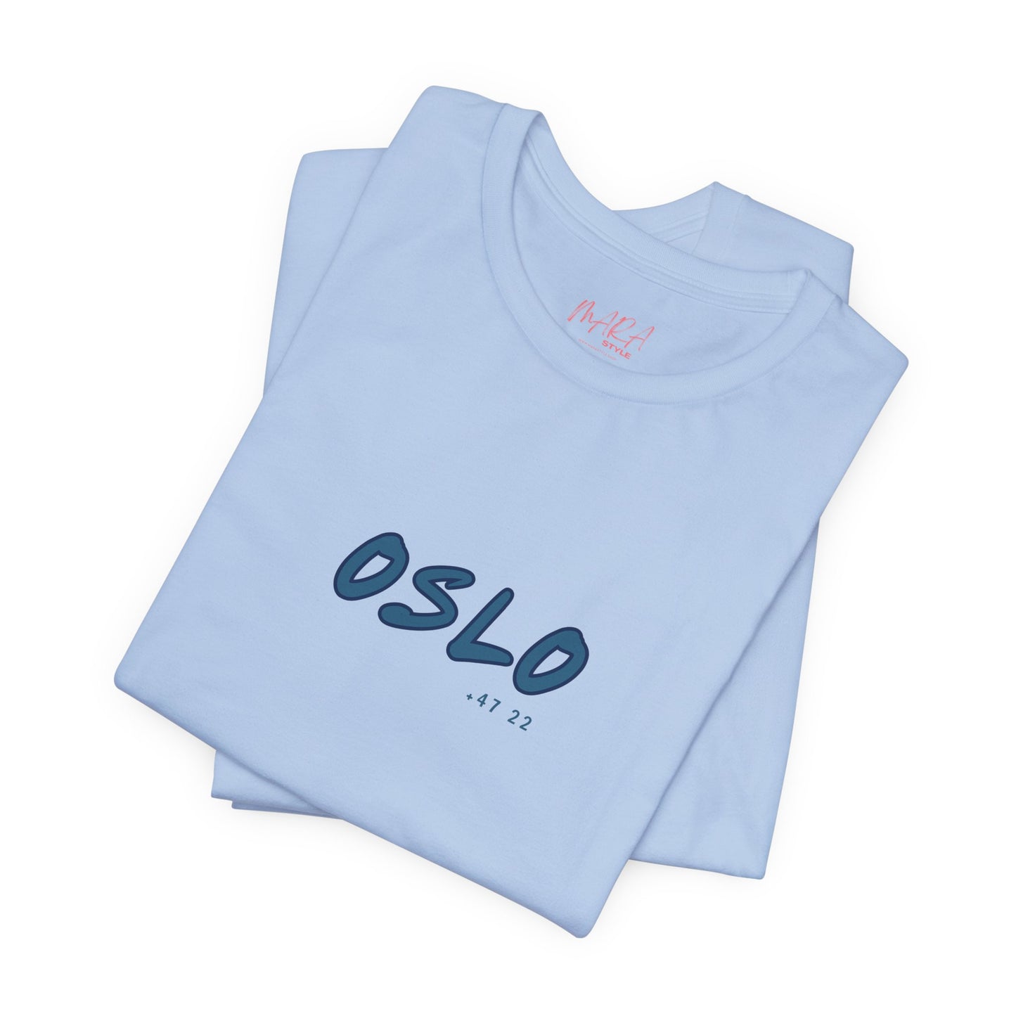 Light blue t-shirt with 'OSLO' printed on it, folded and displayed against a white background.