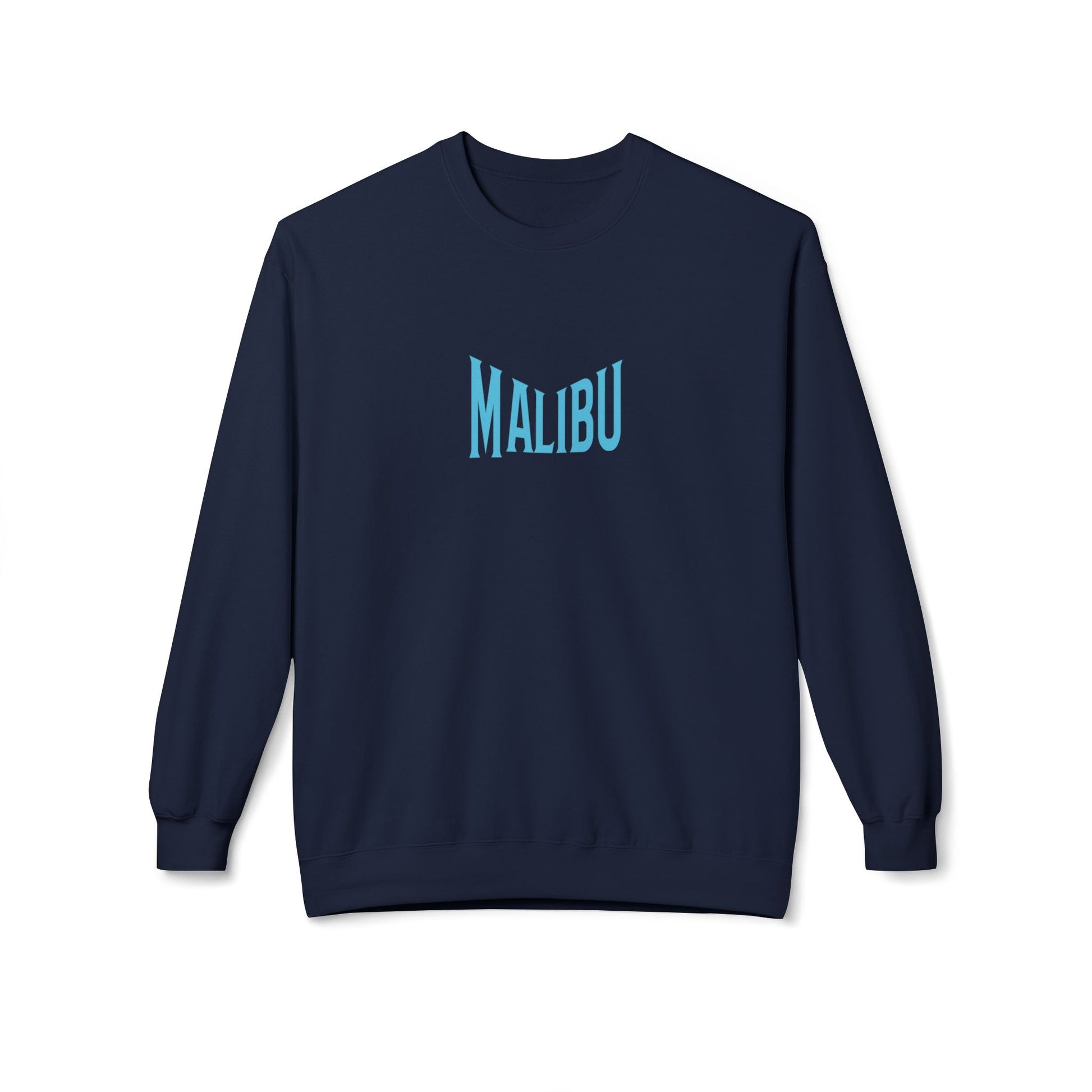 Navy blue sweatshirt with 'MALIBU' text on a white background