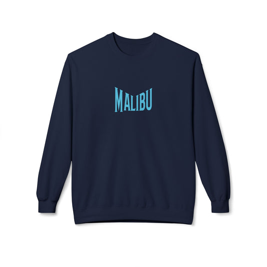 Navy blue sweatshirt with 'MALIBU' text on a white background