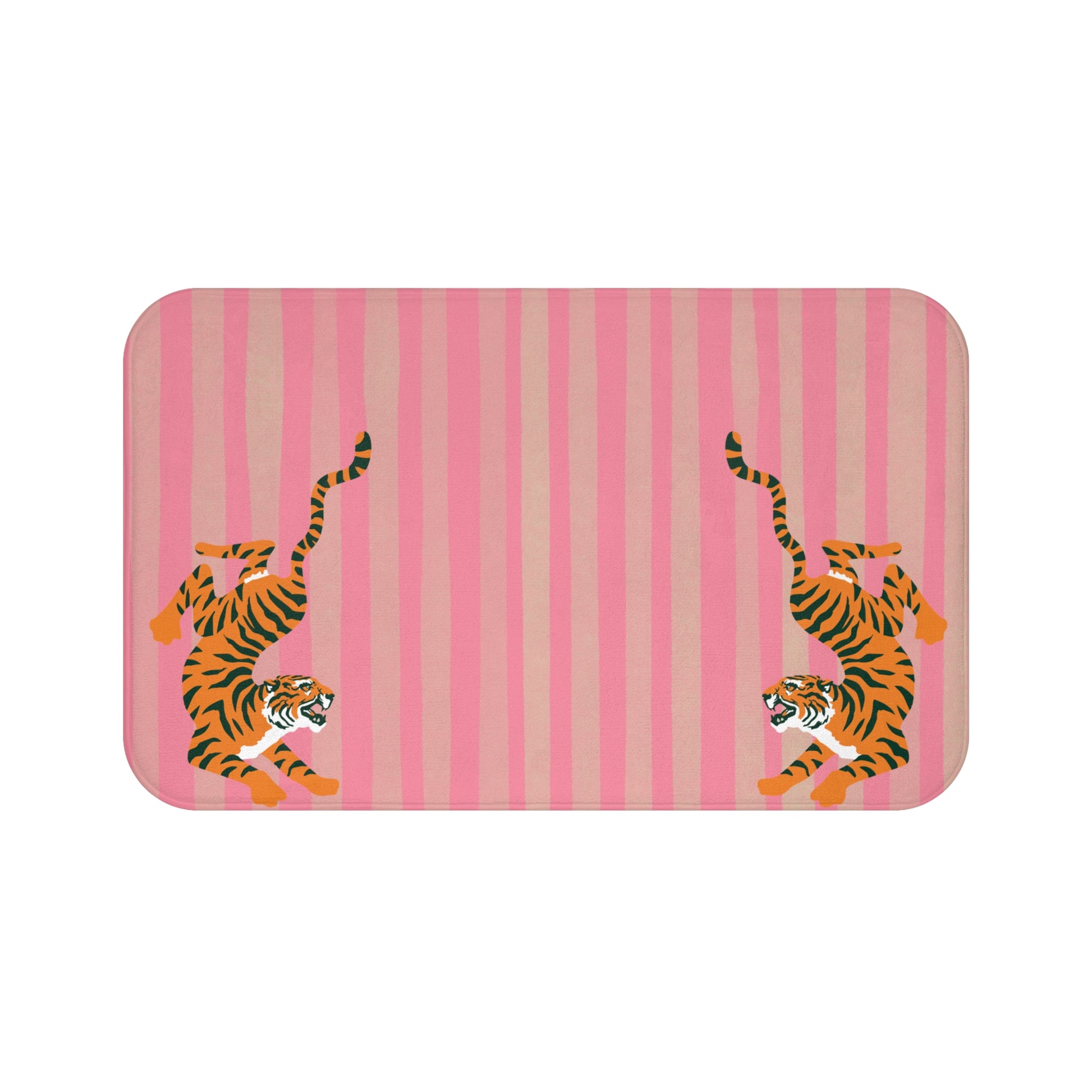 Pink and beige striped bath mat with orange tiger designs on a white background