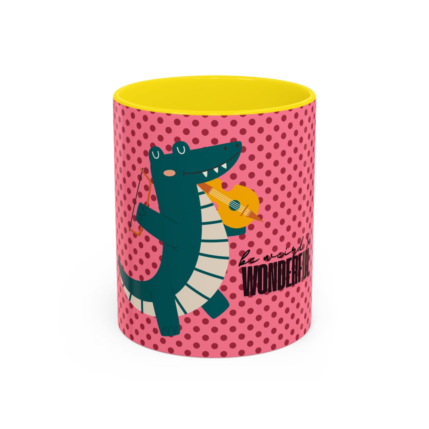 Crocodile "Be Weird & Wonderful" Coffee Mug – Playful Pink Polka Dot Accent Mug