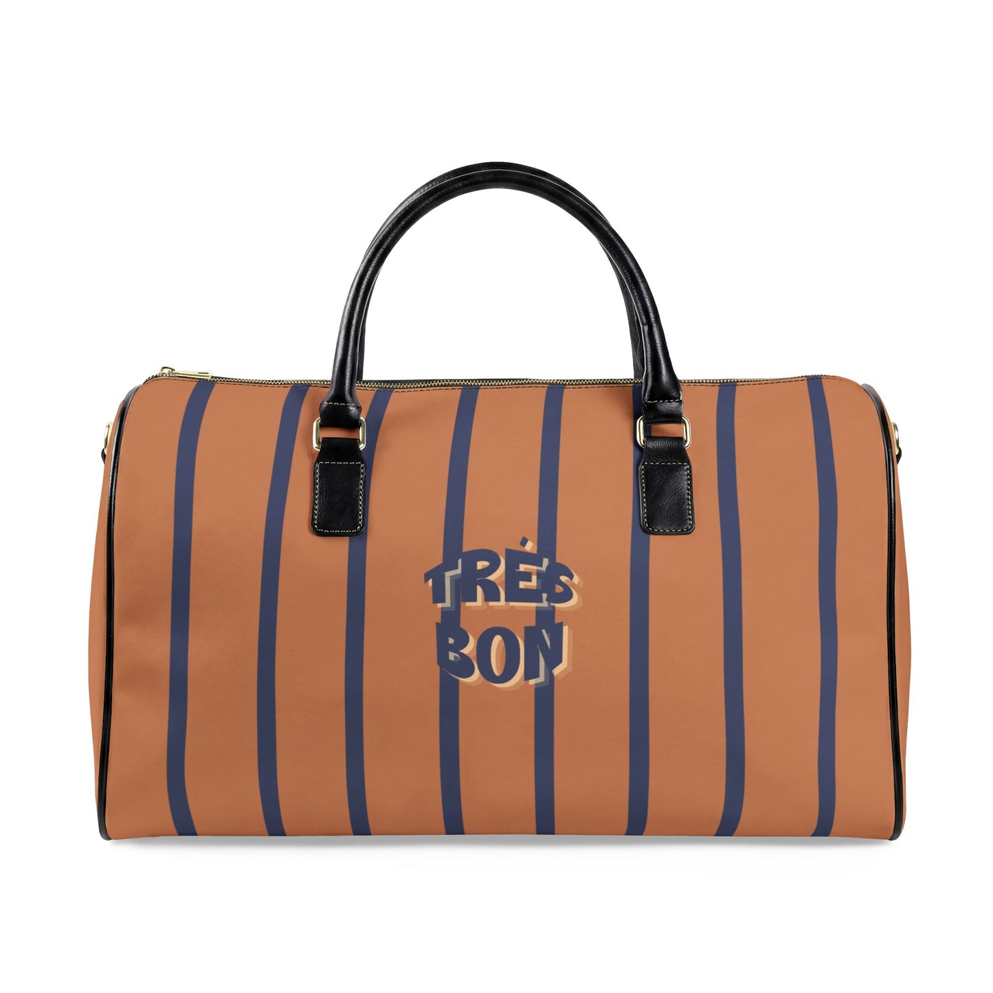 Striped duffel bag with 'Tès Bon' text on a white background