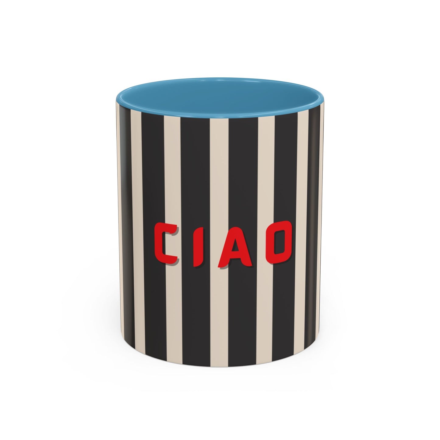 Cylindrical container with black and white stripes and blue top, featuring the word 'CIAO' in red.