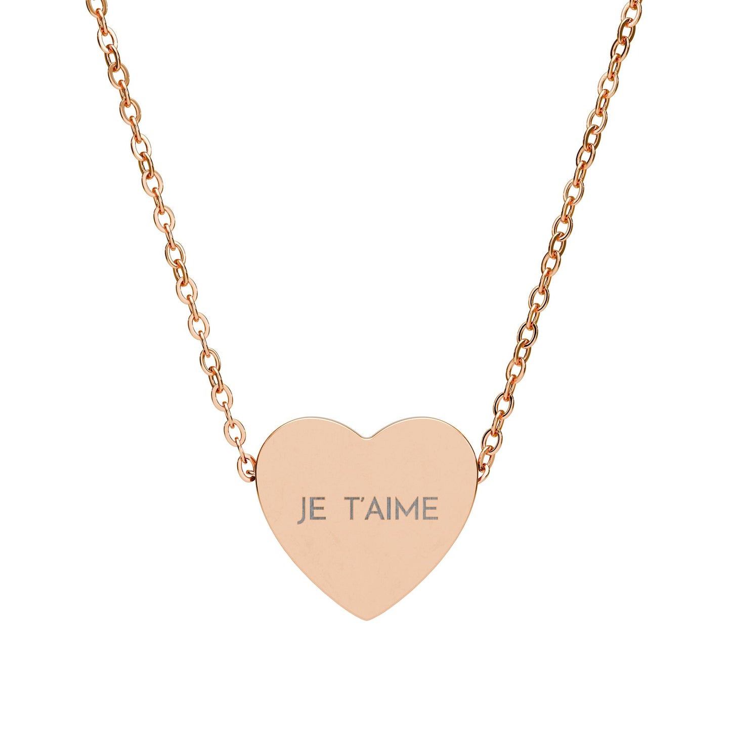 Rose gold heart-shaped necklace with 'JE T'AIME' engraving on a white background