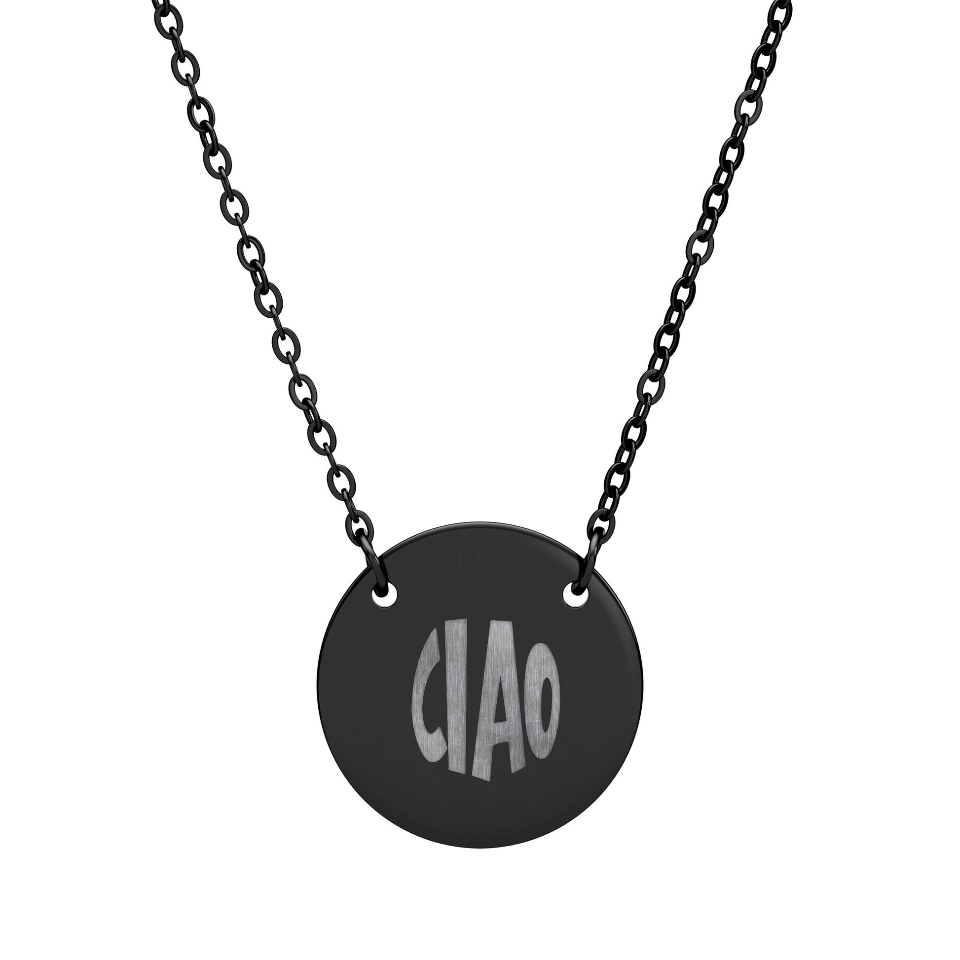 Black necklace with a round pendant displaying 'CIAO' on a white background