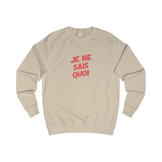 Beige sweatshirt with red text 'JE NE SAIS QUOI' on a white background