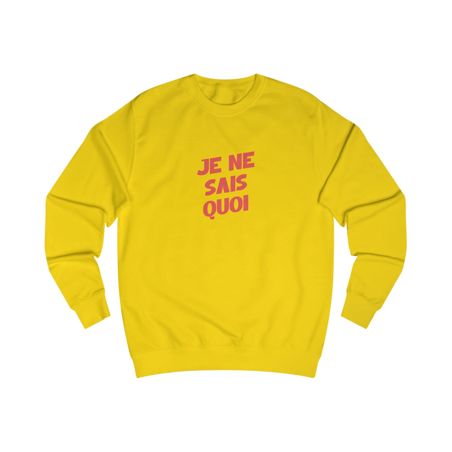 Yellow sweatshirt with pink text 'JE NE SAIS QUOI' on a white background