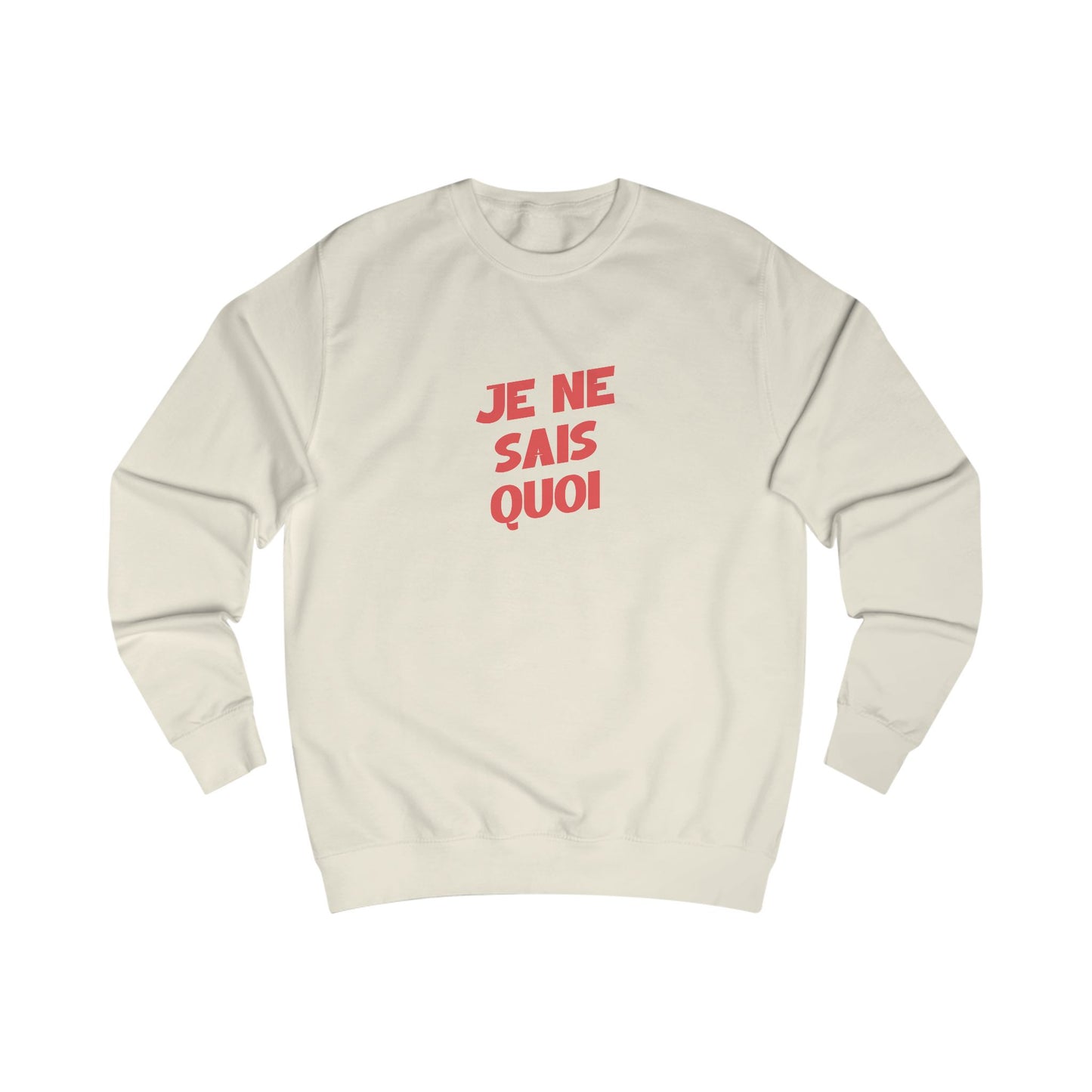 Beige sweatshirt with red text 'JE NE SAIS QUOI' on a white background