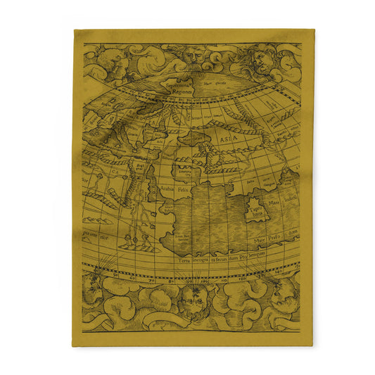 Vintage-style world map blanket on a olive green  background