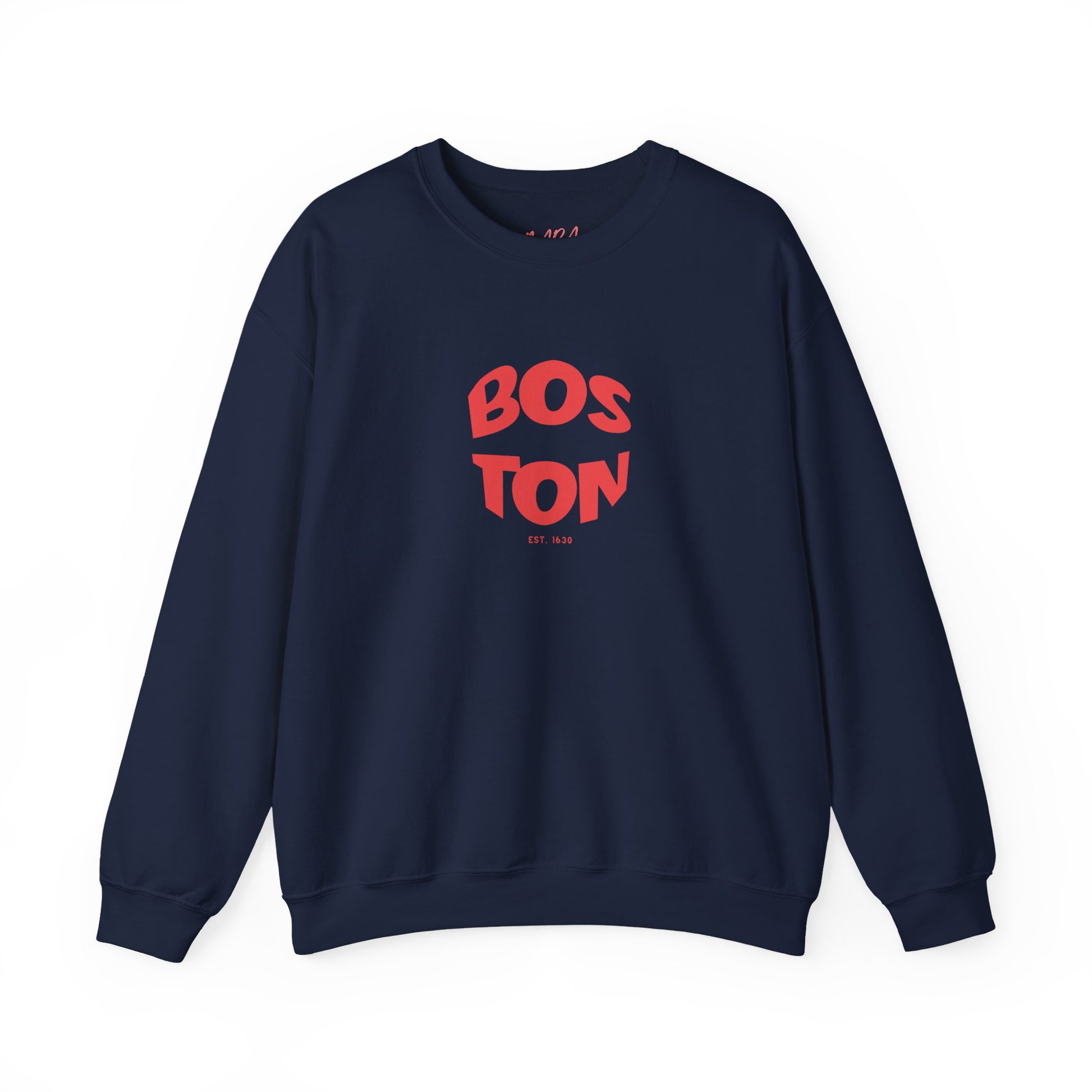 Navy blue sweatshirt with 'Boston' printed in red on a white background