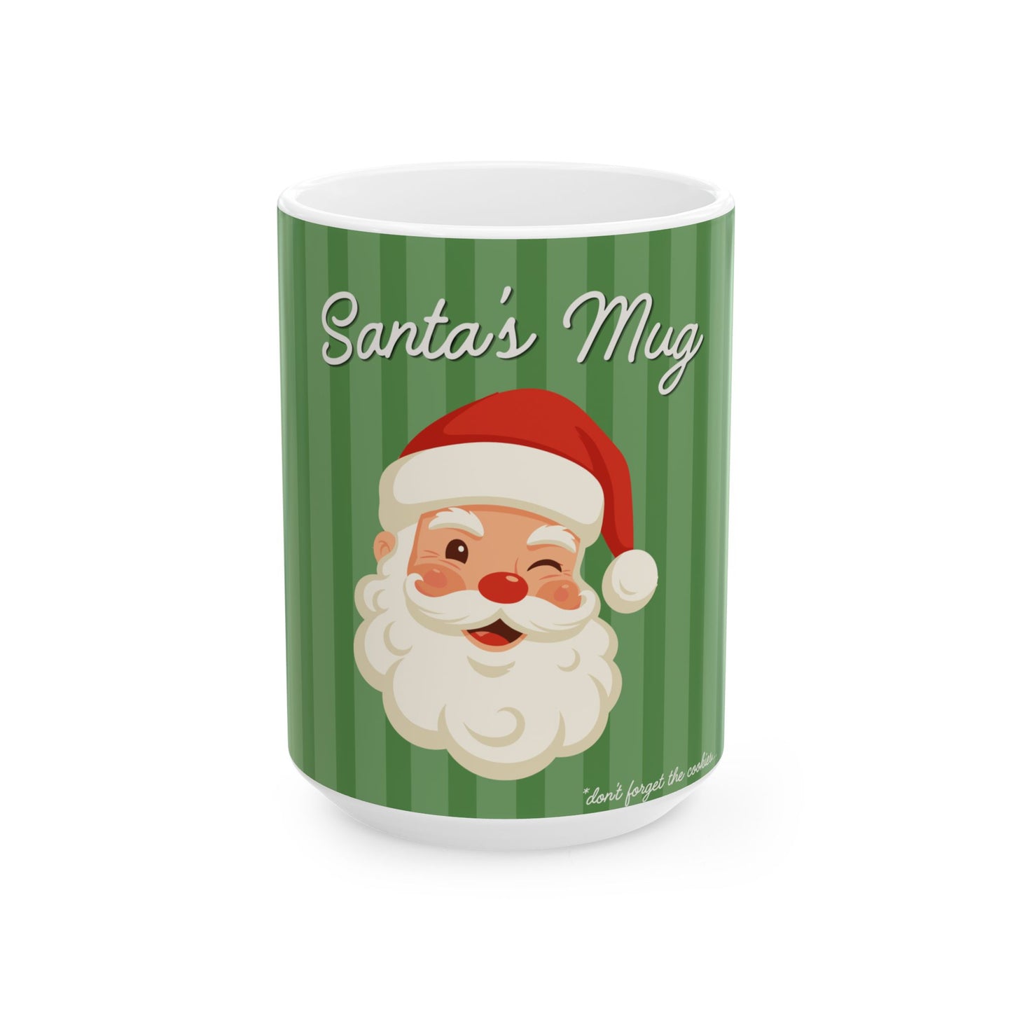 A white ceramic mug featuring a green and dark green striped design with a cartoon Santa Claus face wearing a red Santa hat. The words 'Santa's Mug' are printed in white script across the top.