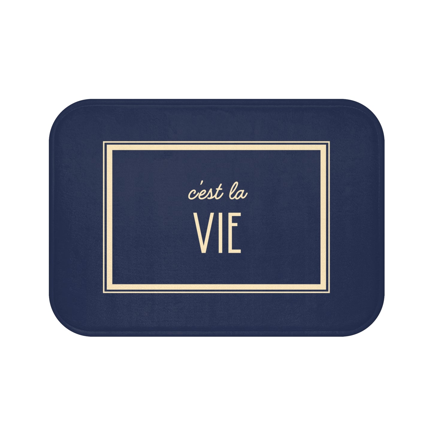 Navy blue tray with 'c'est la Vie' text on a white background