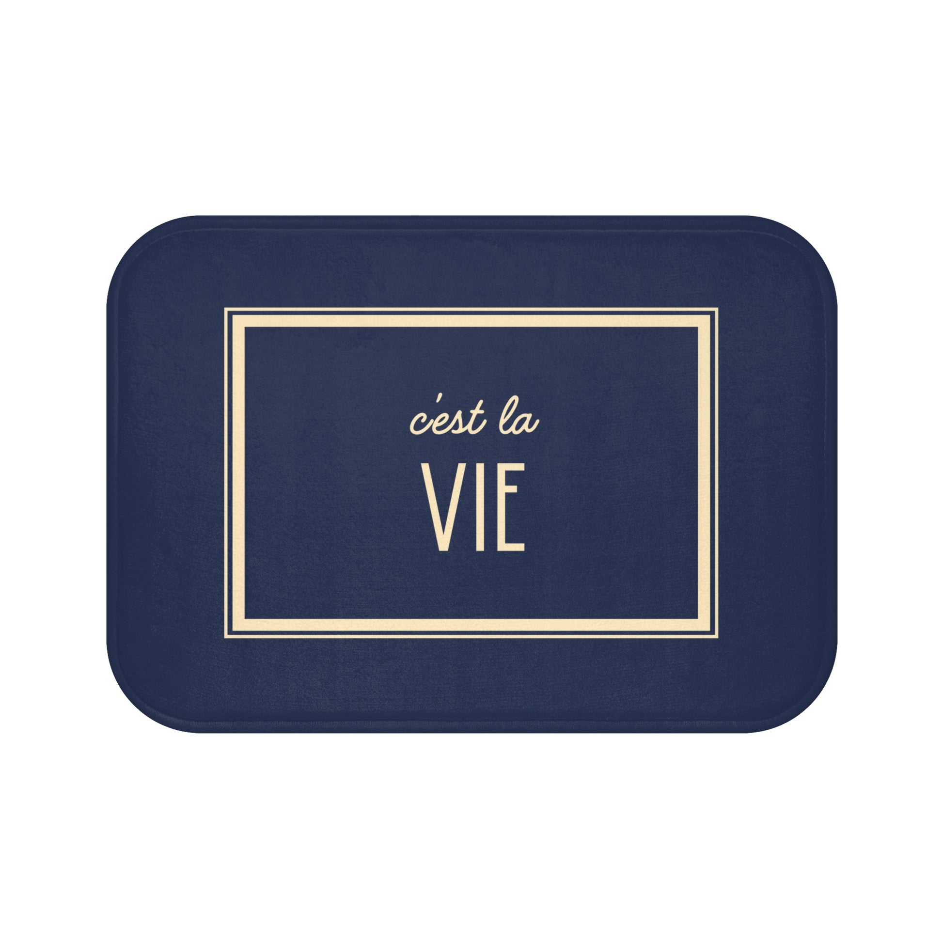 Navy blue tray with 'c'est la Vie' text on a white background