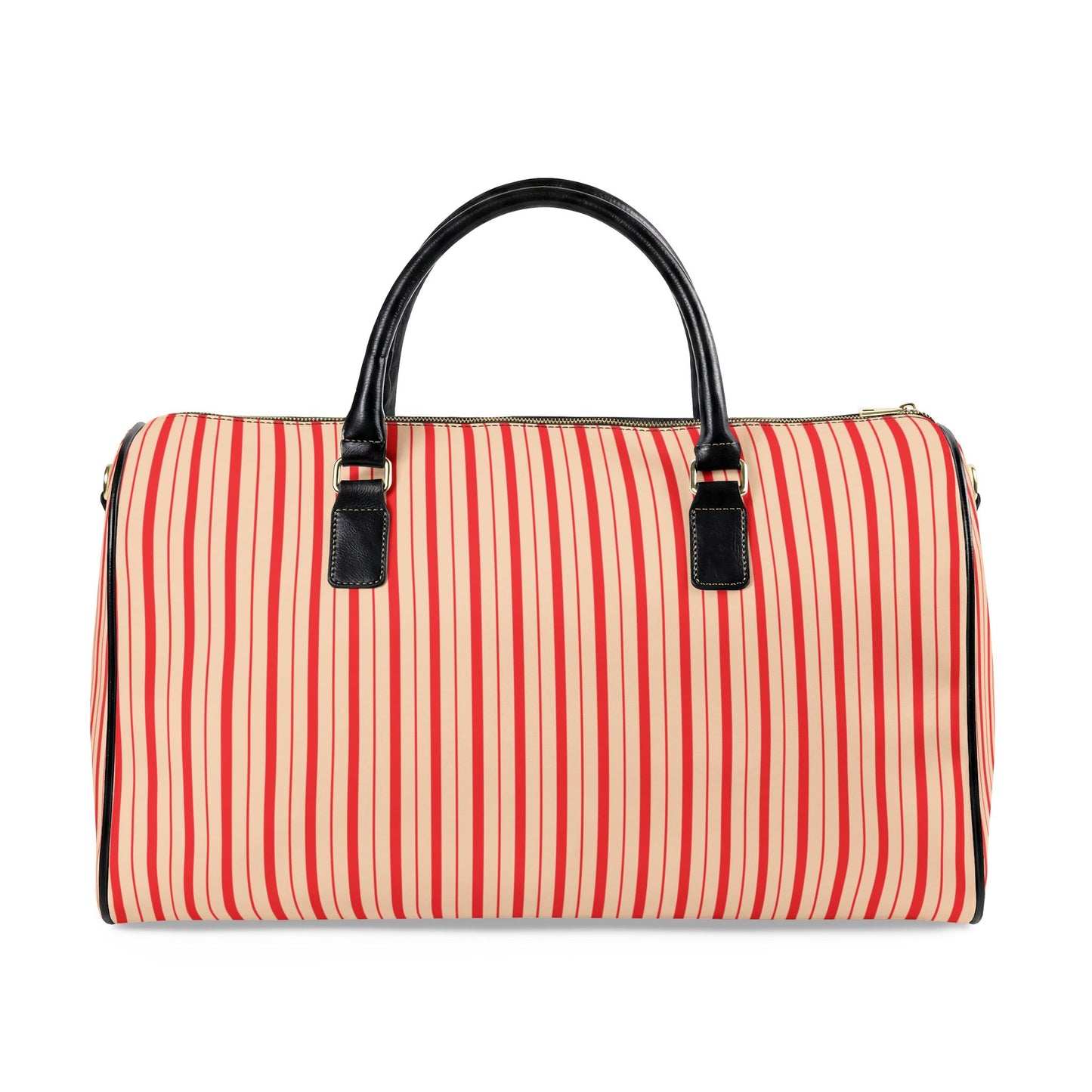 Modern Preppy Leather Travel Bag, BON VOYAGE – RED Striped Weekender Duffle