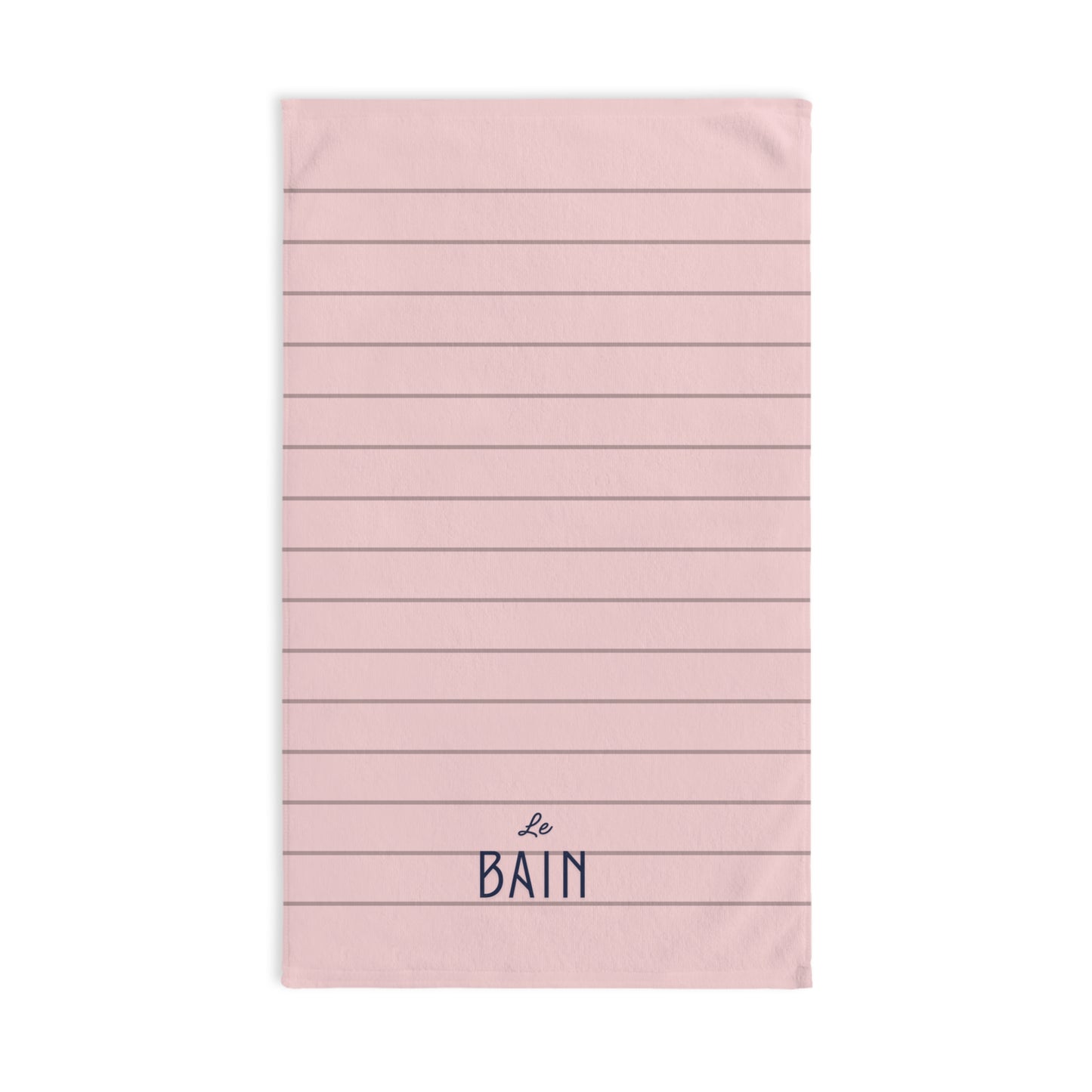 Pink towel with horizontal stripes and 'Le Bain' text on a white background