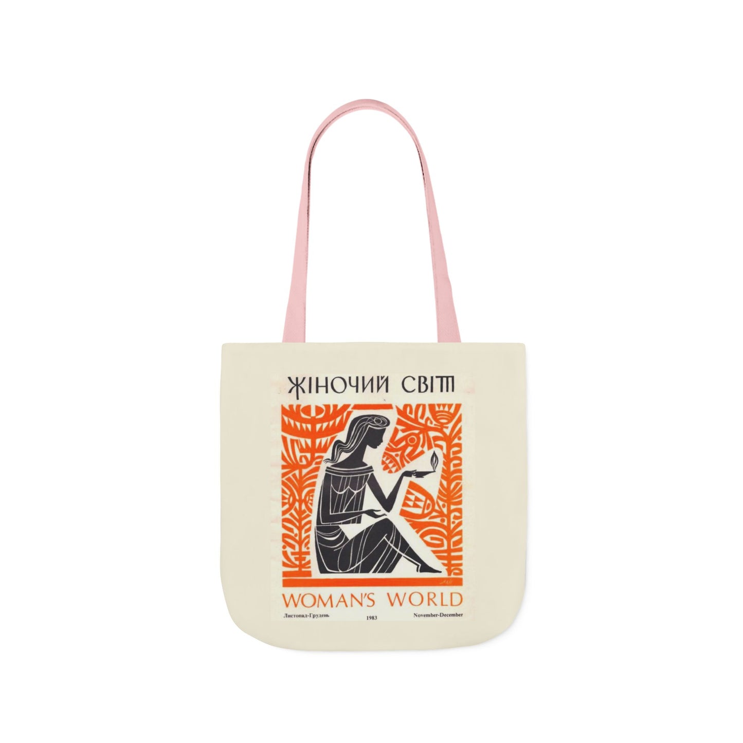 Tote bag with graphic design and text on a white background