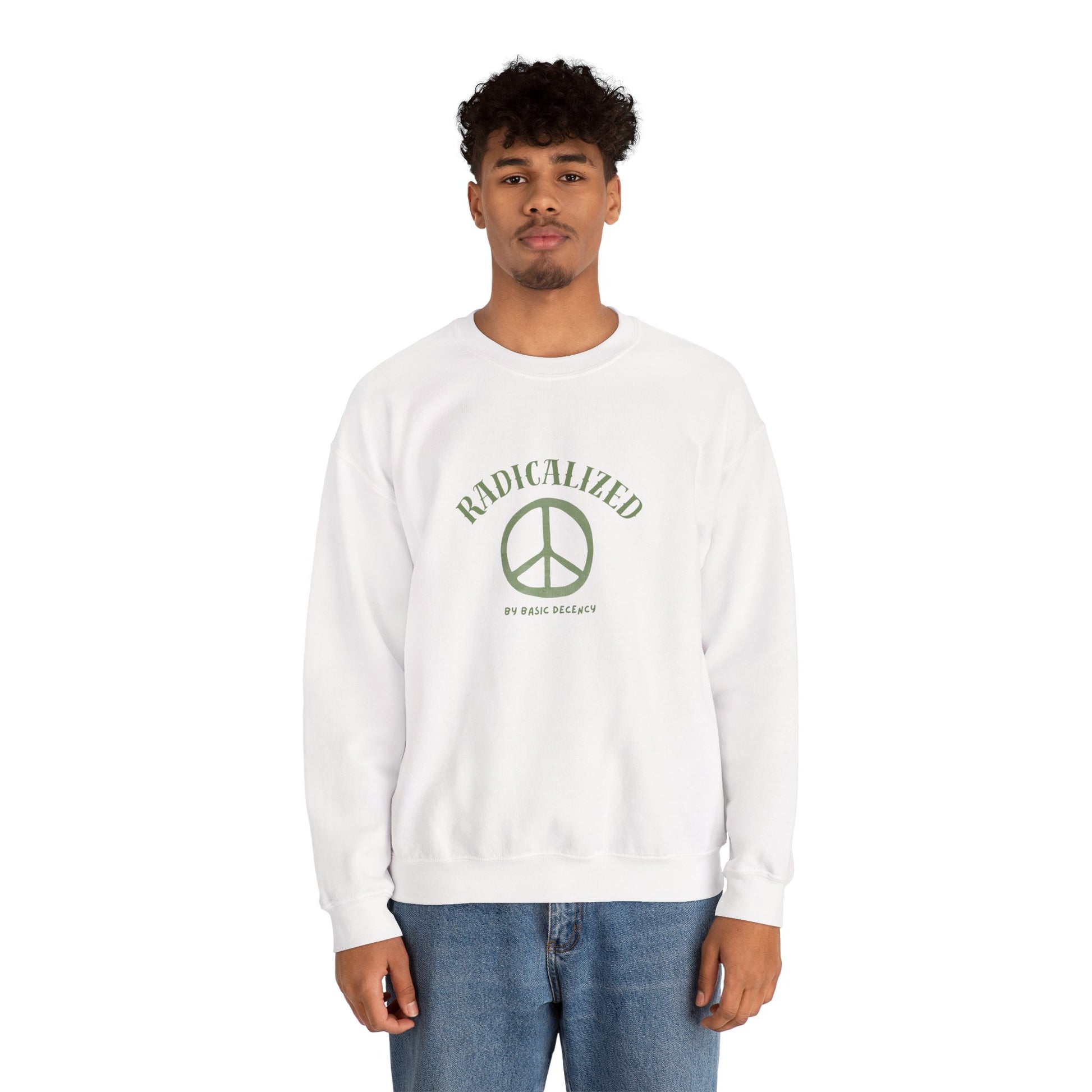 Person wearing a white sweatshirt with a peace symbol design on a white background