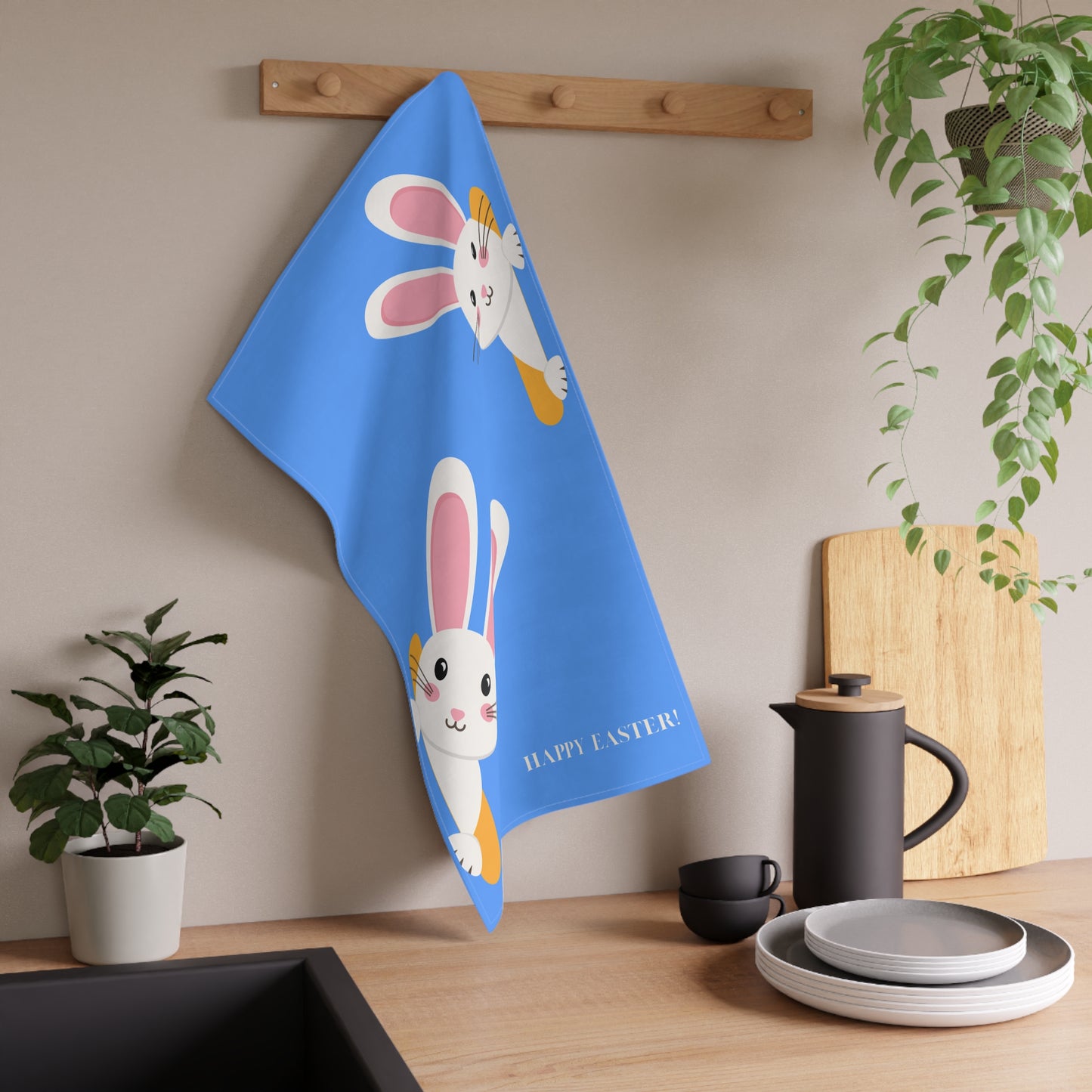 Easter Bunny Peek Cotton Tea Towel, Soft Blue  - "Happy Easter!" Kitchen Towel