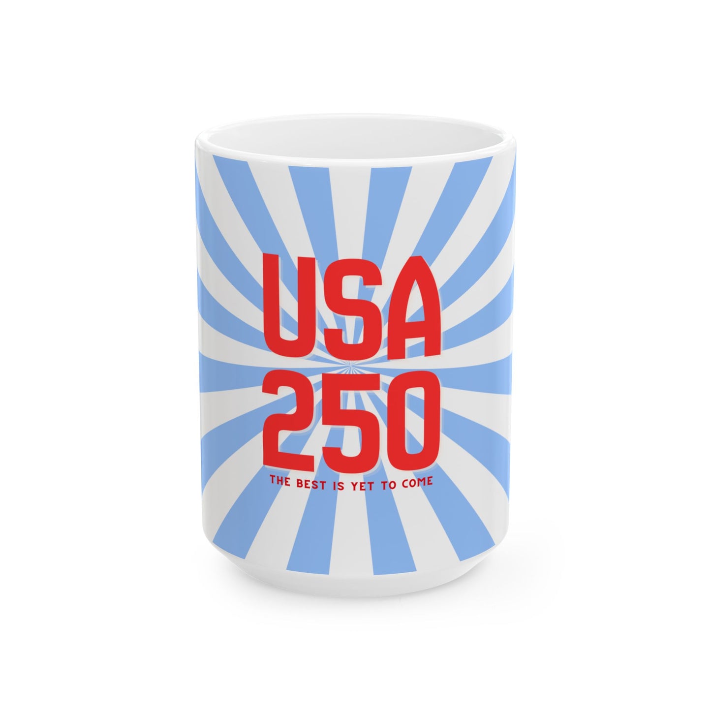 Mug with 'USA 250' text and blue radial design on a white background
