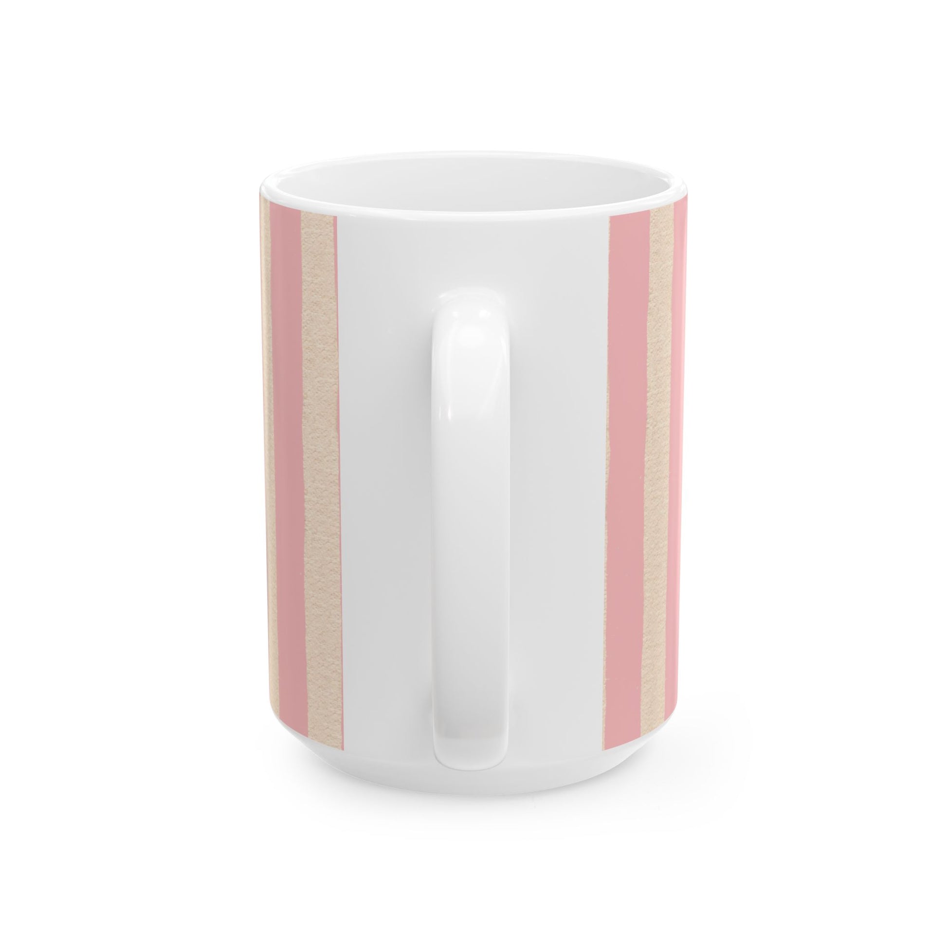 White mug with pink and gold stripes on a white background