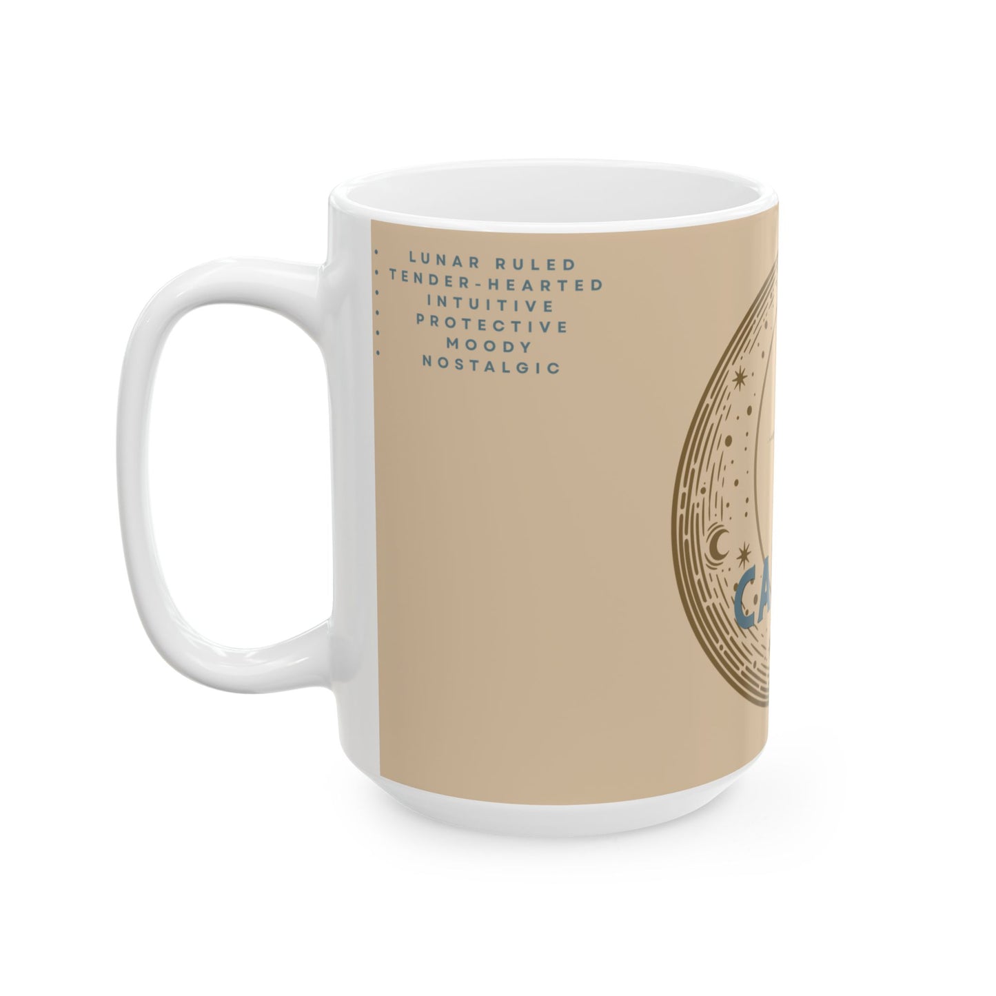 Mug with beige design and text on a white background