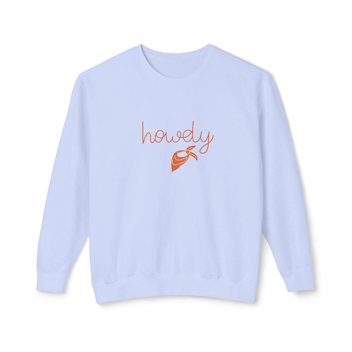 A light blue crewneck sweatshirt with 'howdy' and a small orange carrot graphic printed on the chest, displayed against a plain white background.