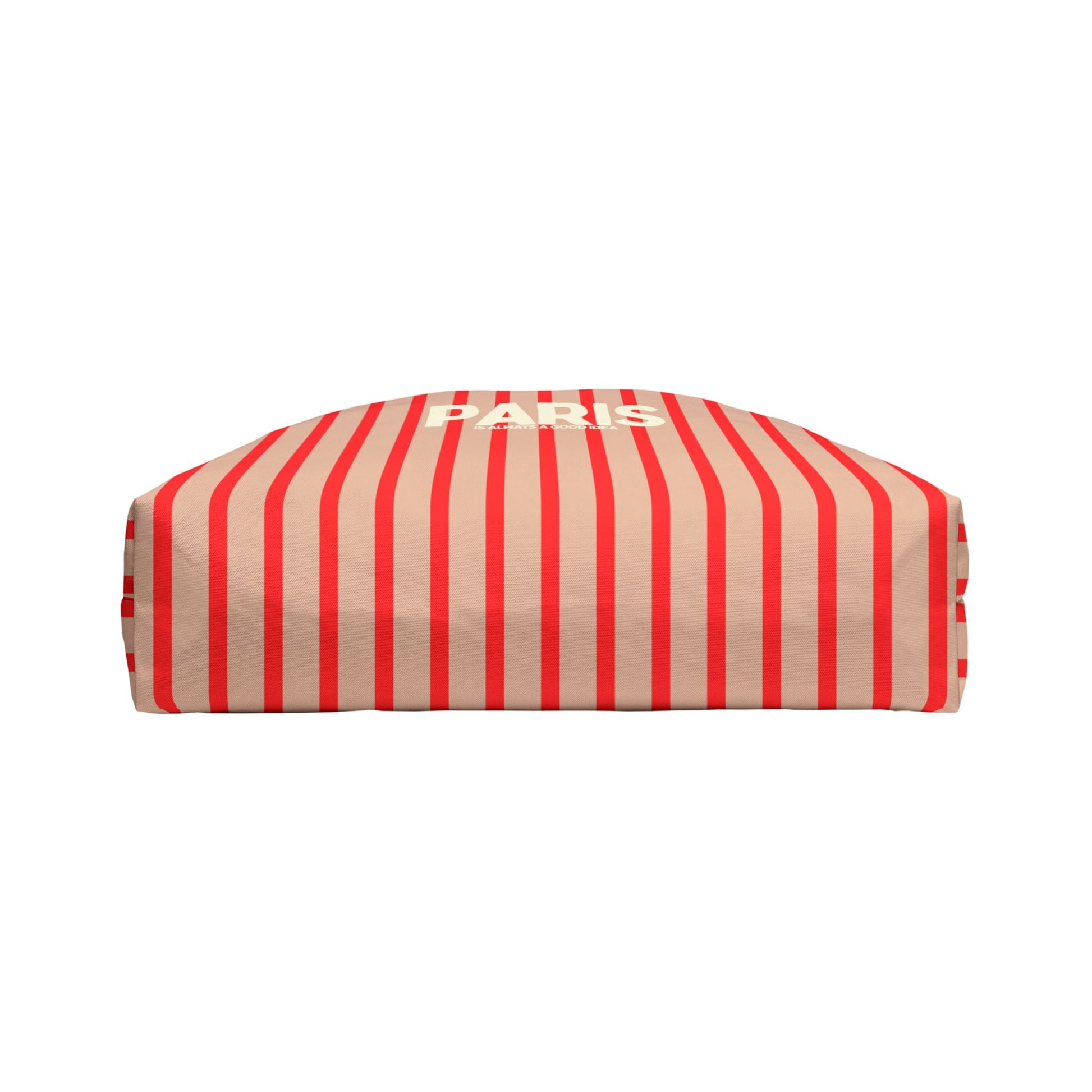 Rectangular cushion with red and beige stripes and 'PARIS' text on a white background