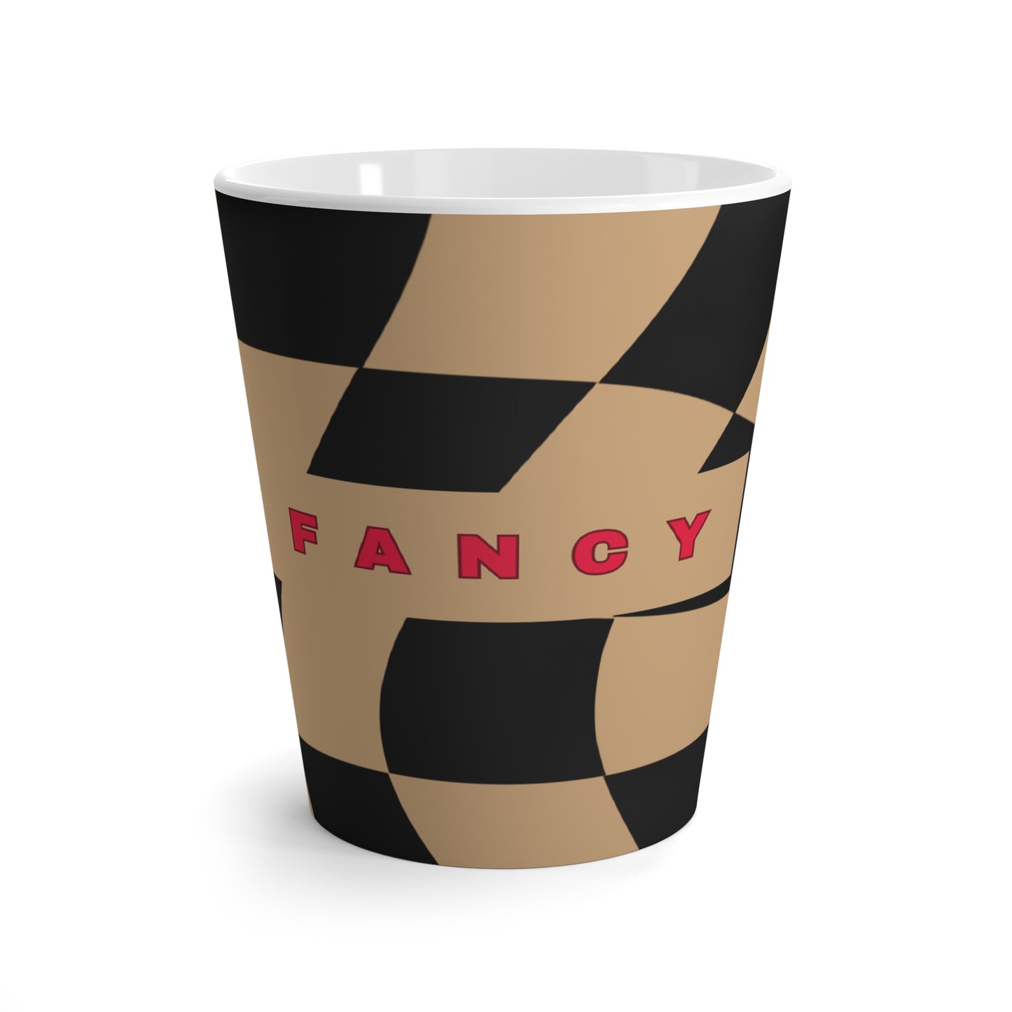 Mug with checkered pattern and 'FANCY' text on a white background
