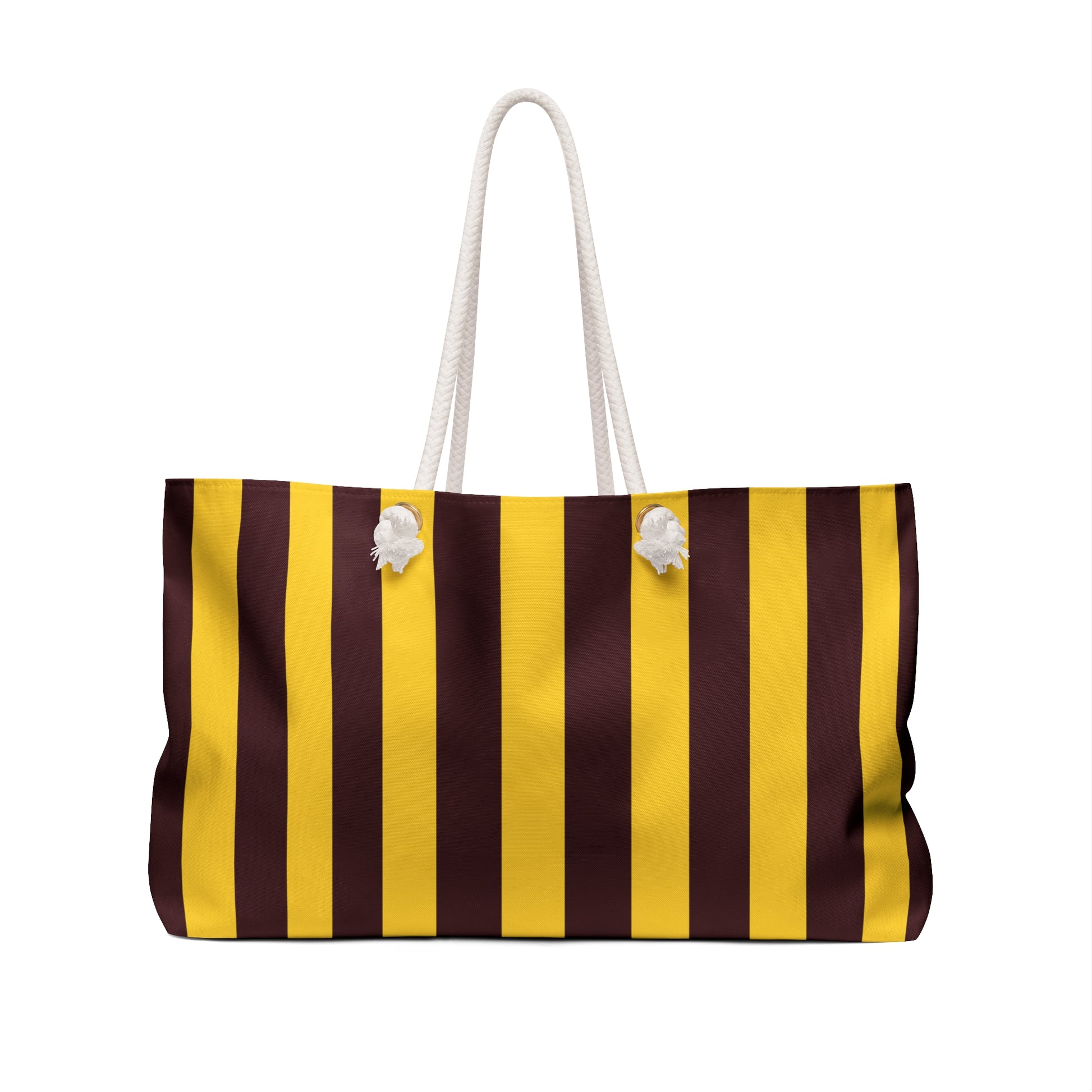 Striped bag with brown and yellow vertical stripes on a white background