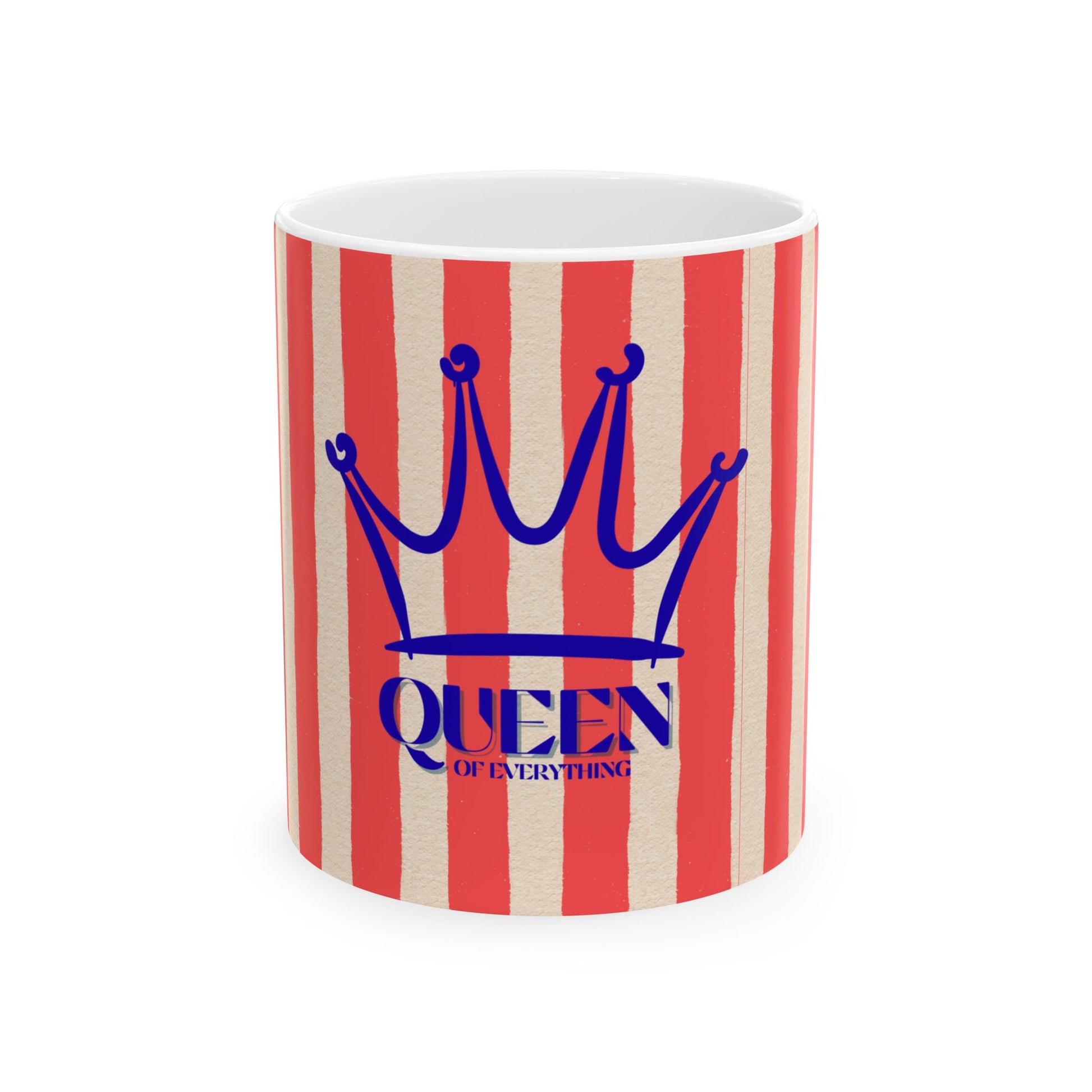 Mug with red and beige striped pattern and blue crown and text design on a white background