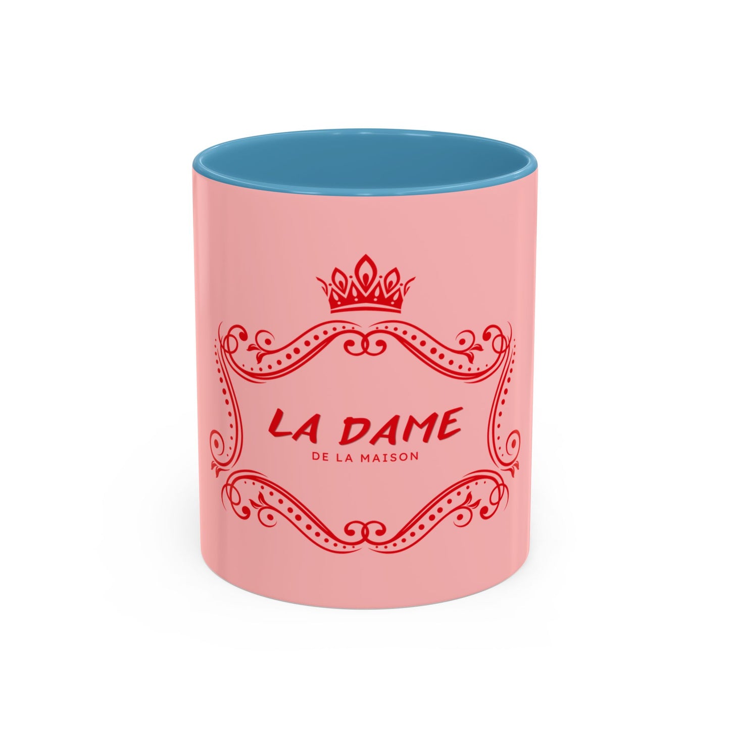 Pink mug with blue interior and 'La Dame de la Maison' text on a white background