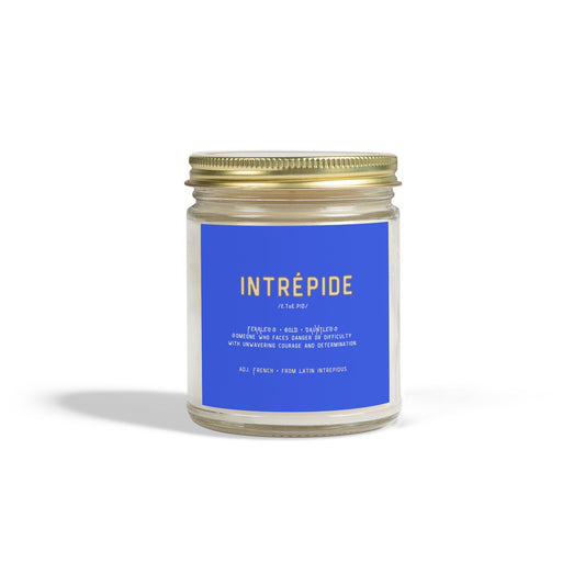 Motivational Candle jar with blue label and gold lid on a white background