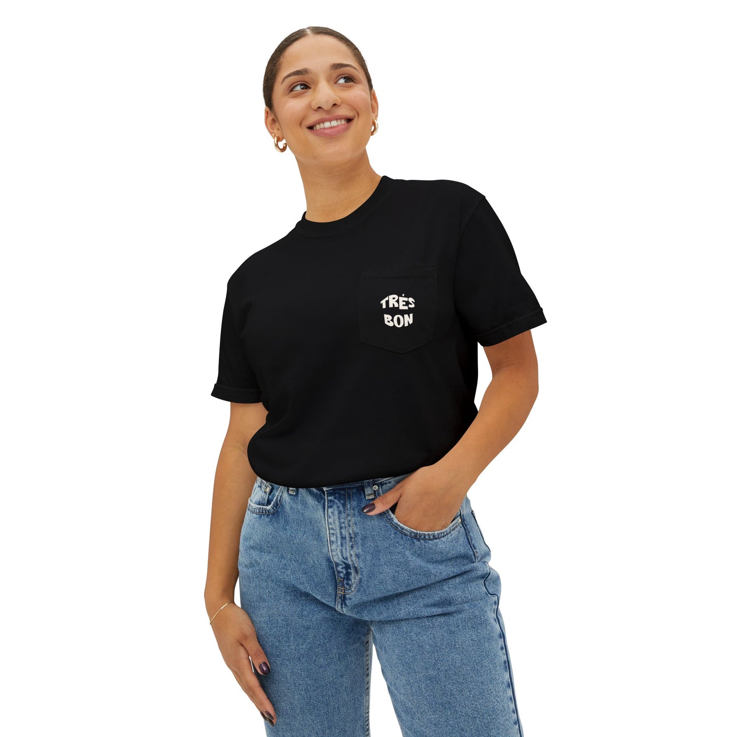 Person wearing a black t-shirt with text and blue jeans on a white background