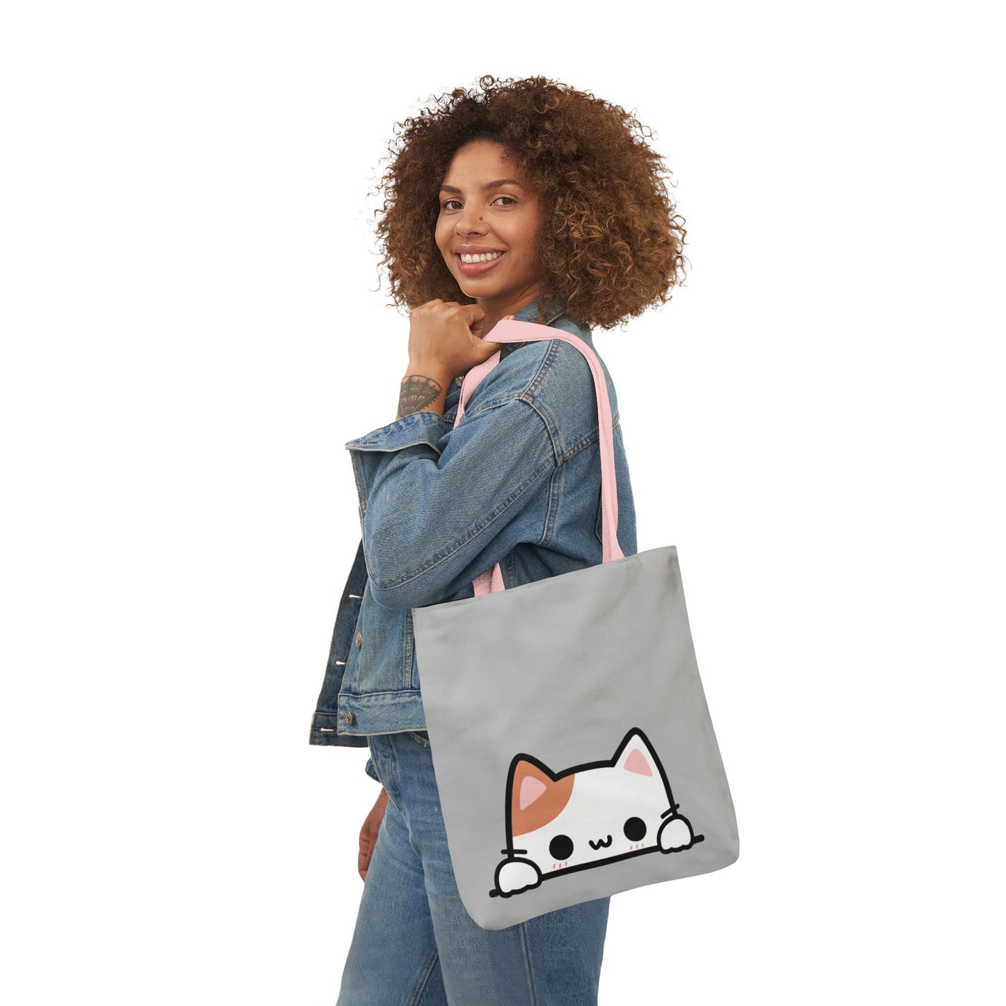 Kawaii Cat Canvas Tote — Light GREY