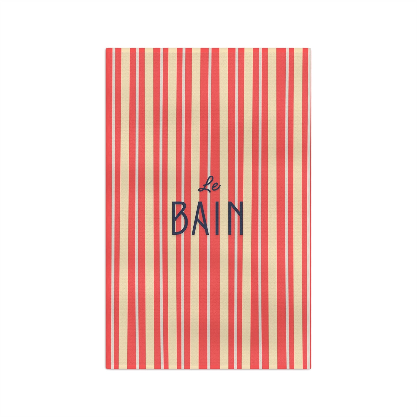 Striped towel with 'Le Bain' text on a white background