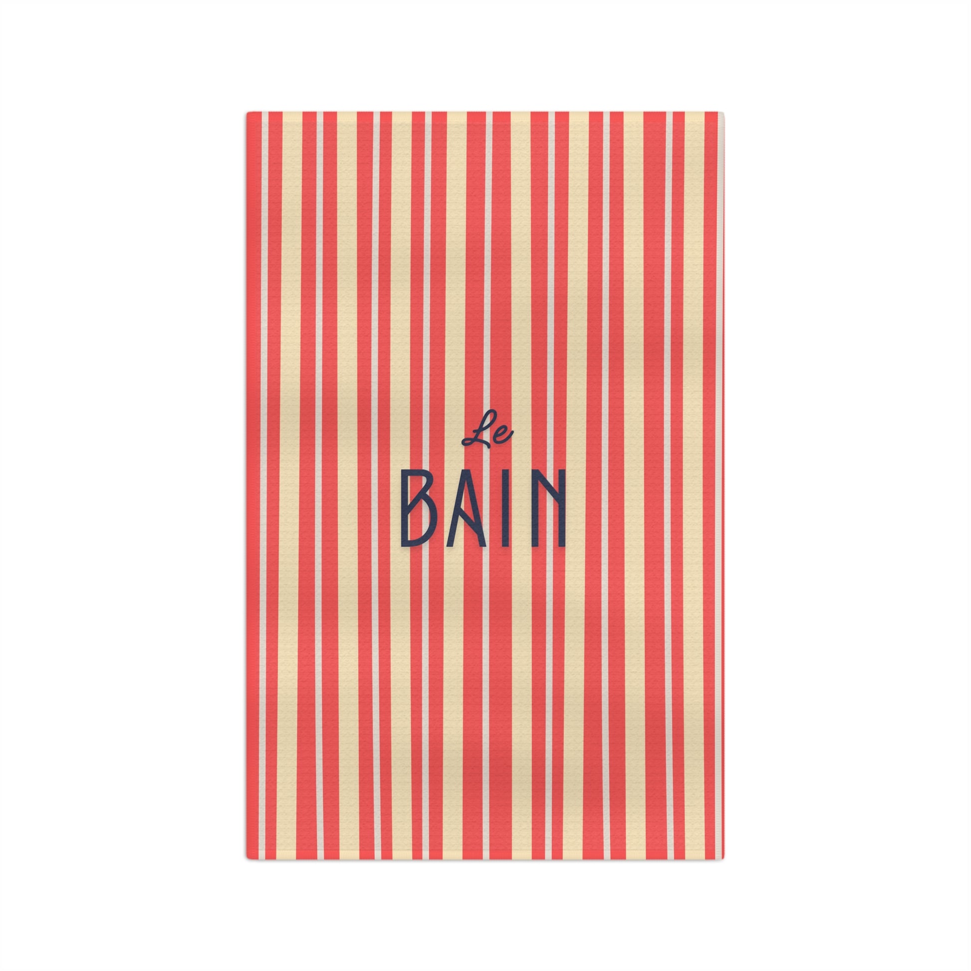 Striped towel with 'Le Bain' text on a white background