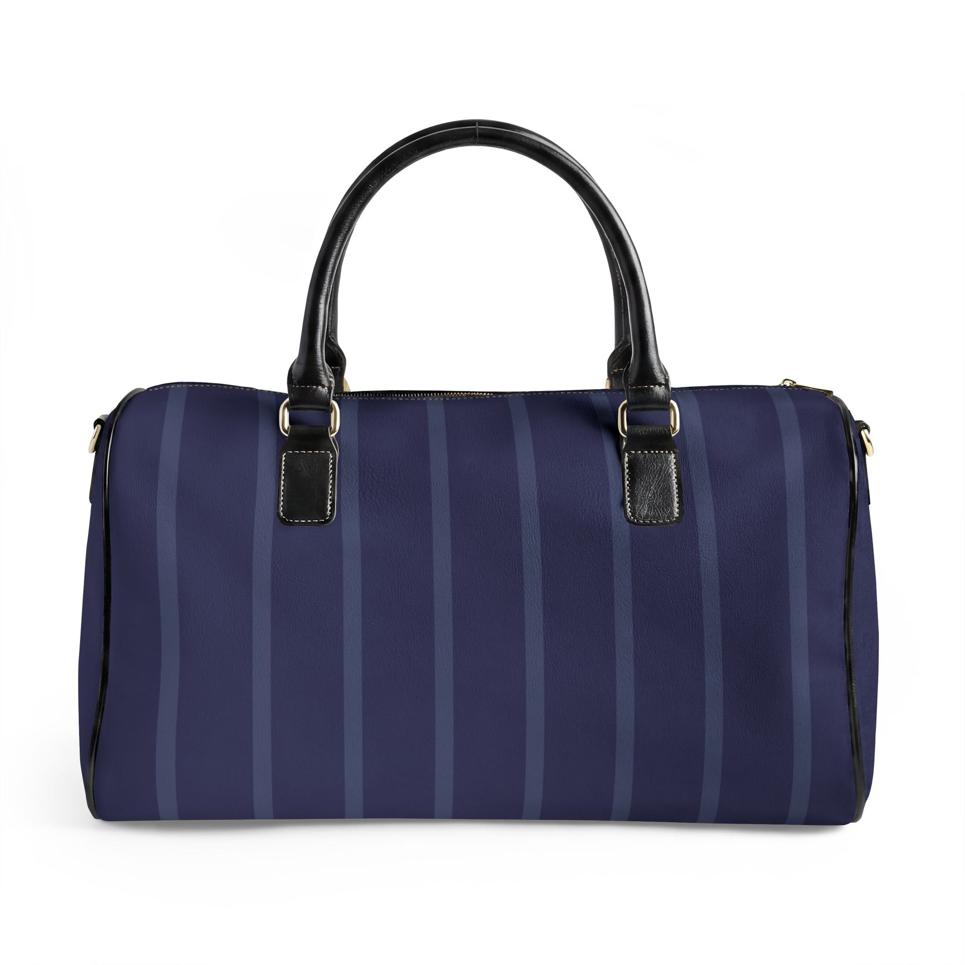 Navy blue duffel bag with black handles on a white background