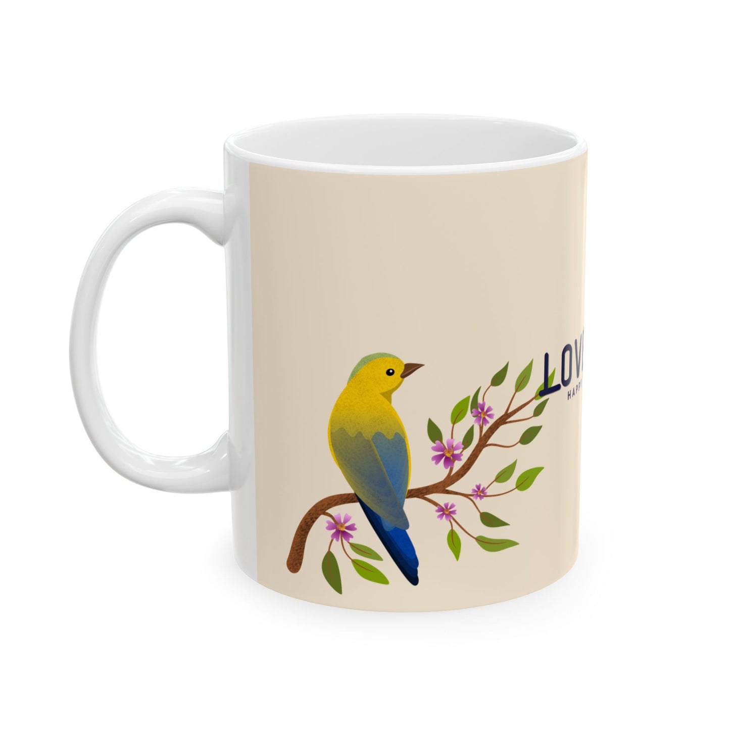 A white ceramic mug with a beige printed background, featuring a colorful illustration of a yellow and blue bird perched on a branch with pink flowers. The word 'LOVE' is printed in dark blue next to the branch.