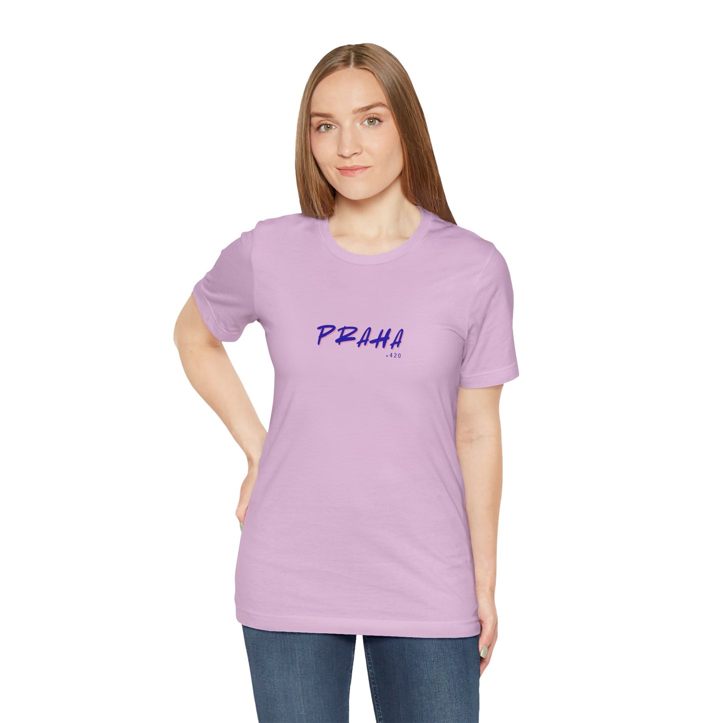 Woman wearing a lavender t-shirt with 'PRAHA' printed on it against a white background
