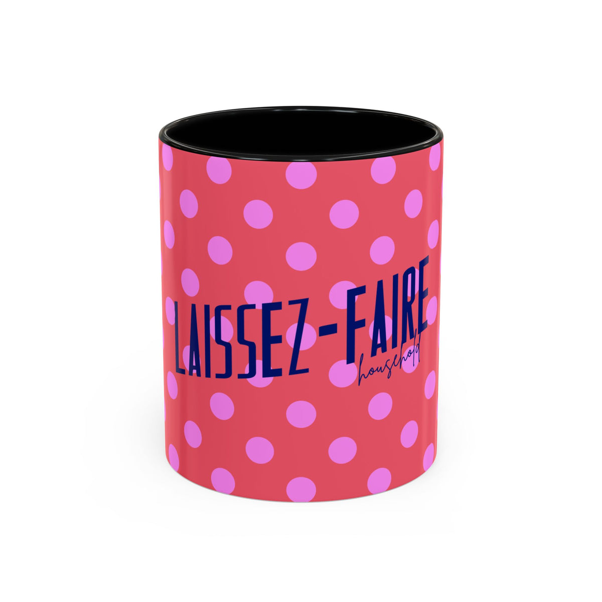 A ceramic mug with a pink and purple polka dot pattern, featuring the text 'LAISSEZ-FAIRE housing' in navy blue and white, set against a plain white background.