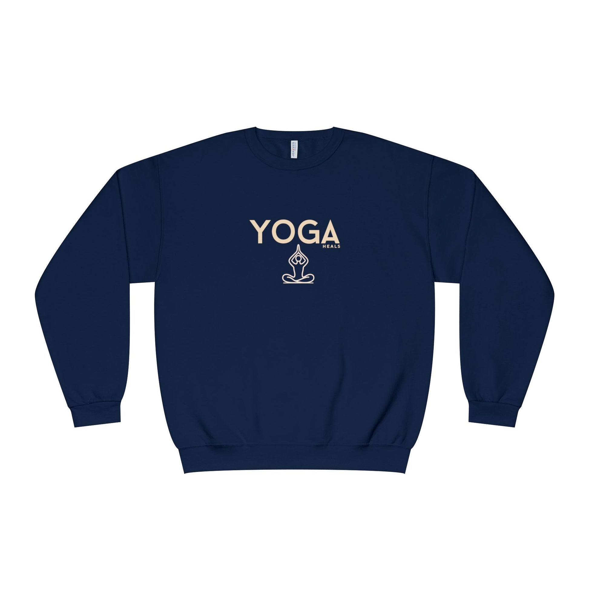Navy blue sweatshirt with 'YOGA' text and logo on a white background